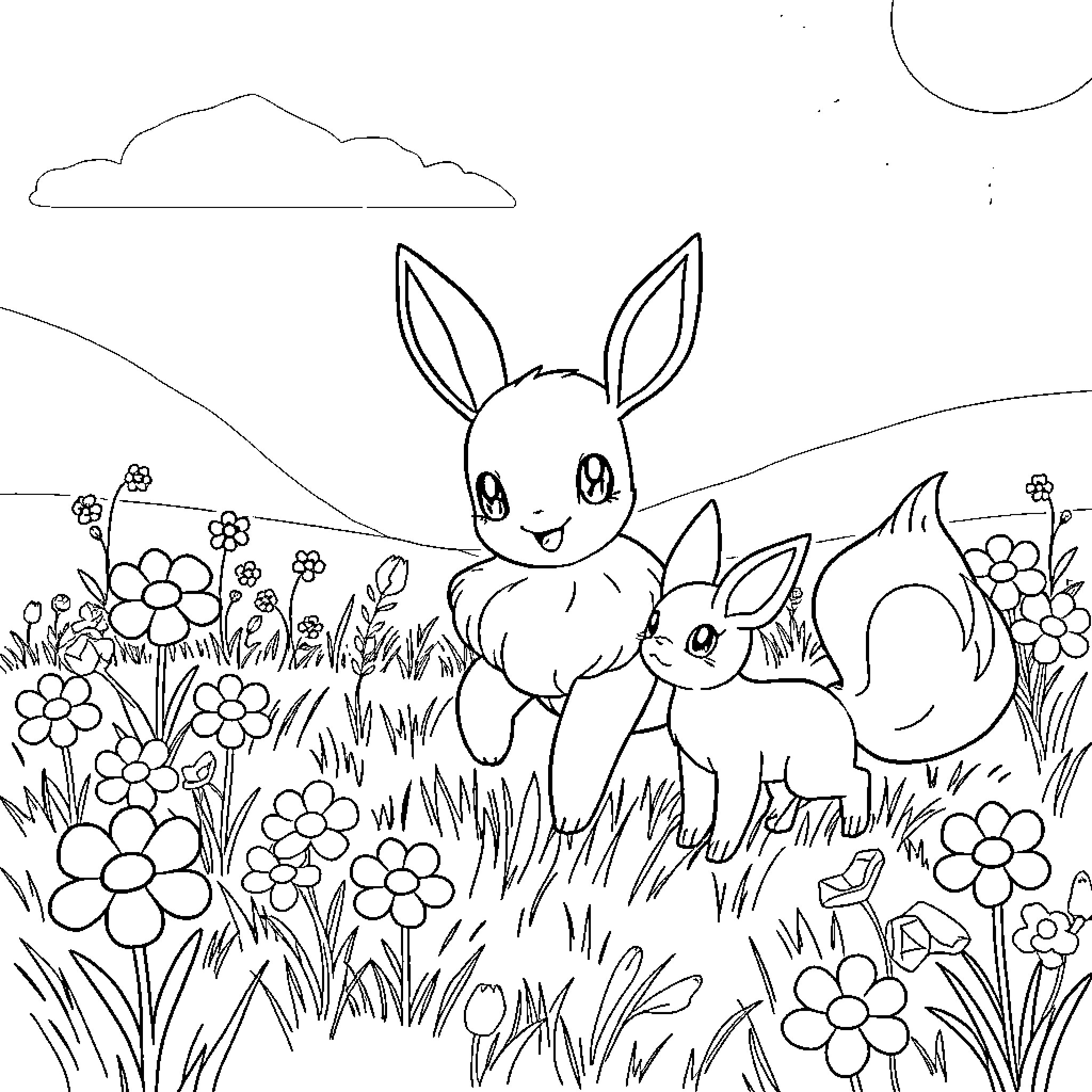 Eevee playing happily with friends in the meadow Coloring Page (free black-and-white line drawing printable PDF for all, from beginners to advanced learners, including children, teens, adults, and seniors)