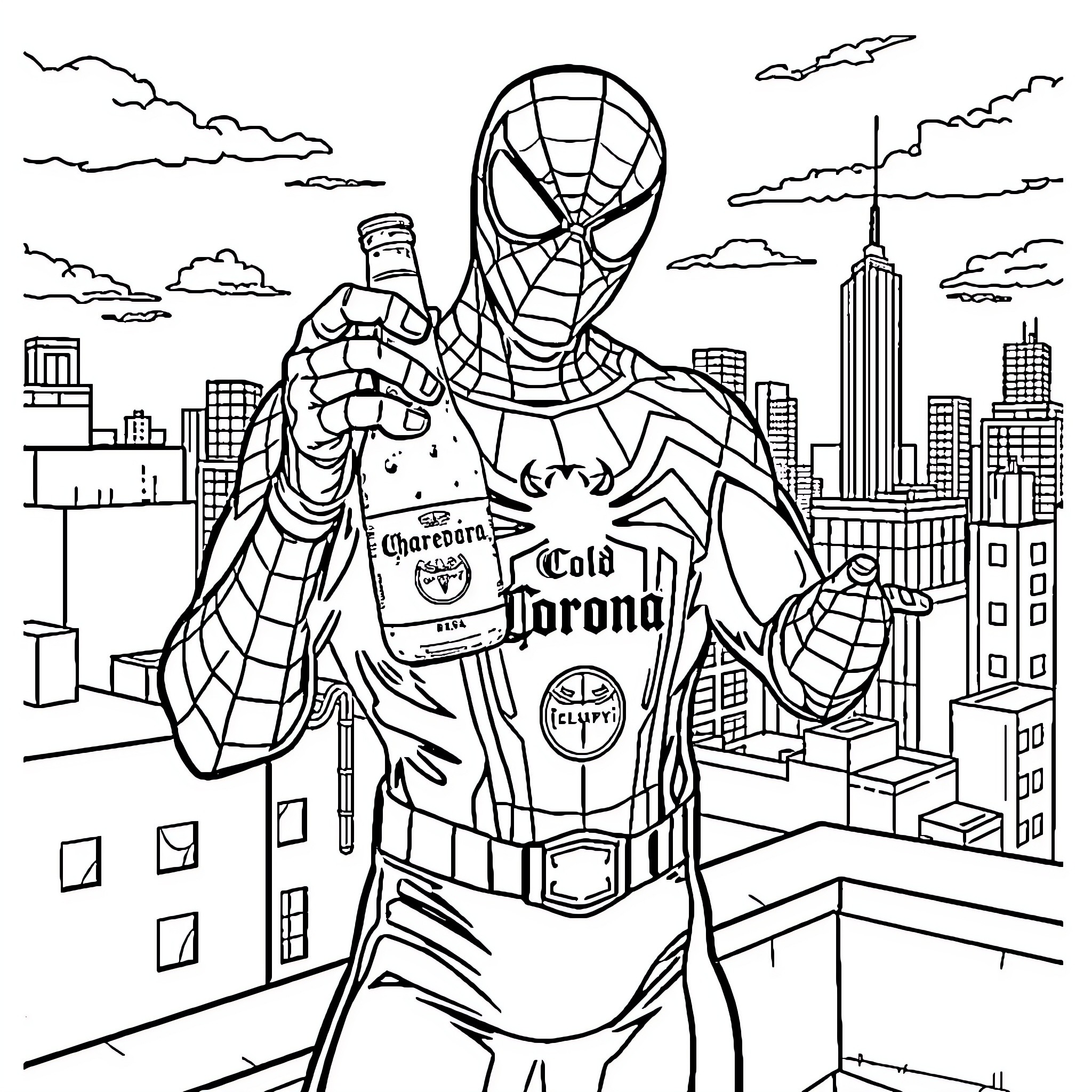 Spiderman swinging through the city with Corona beer Coloring Page (free black-and-white line drawing printable PDF for all, from beginners to advanced learners, including children, teens, adults, and seniors)