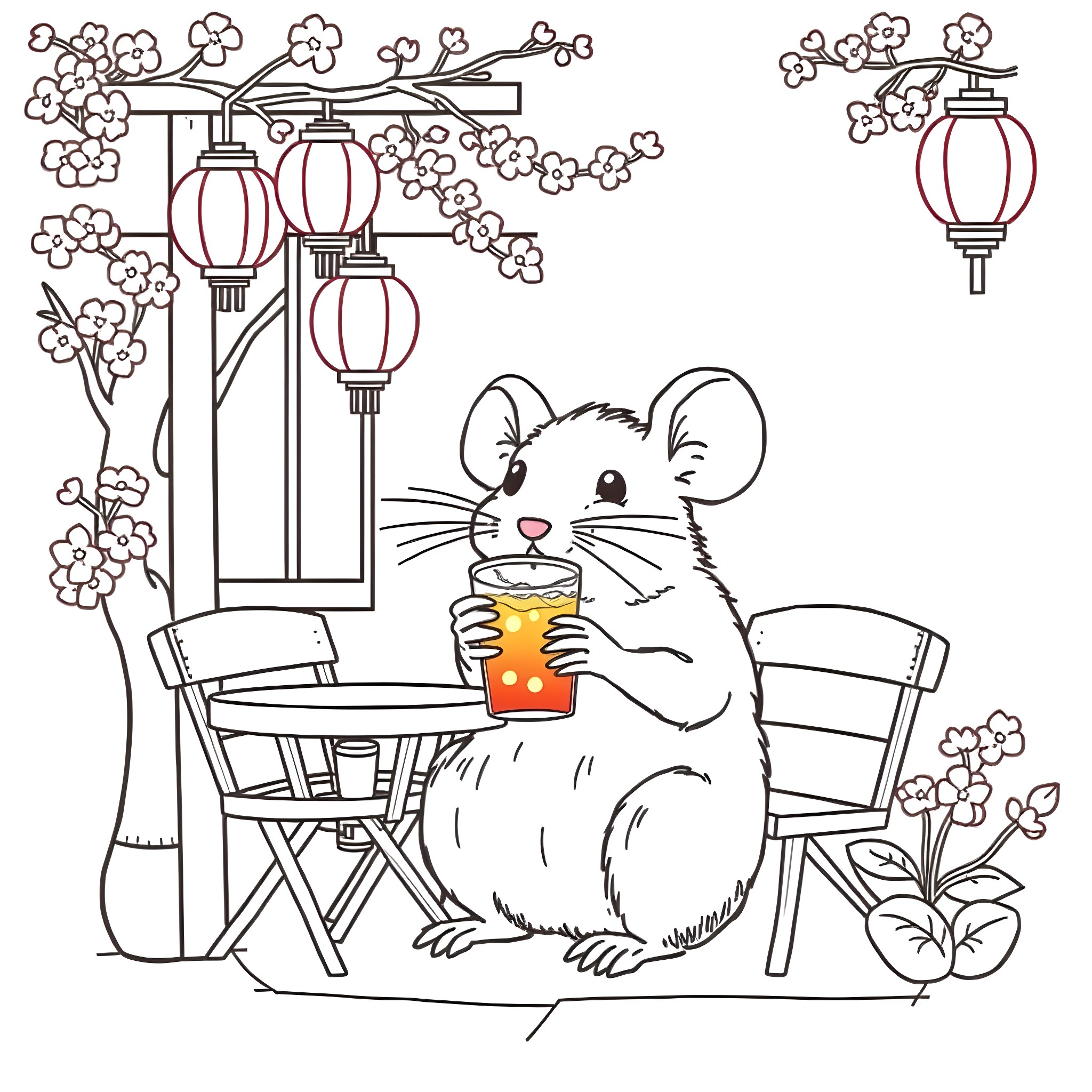 Rat enjoying lanterns and blossoms in the garden Coloring Page (free black-and-white line drawing printable PDF for all, from beginners to advanced learners, including children, teens, adults, and seniors)