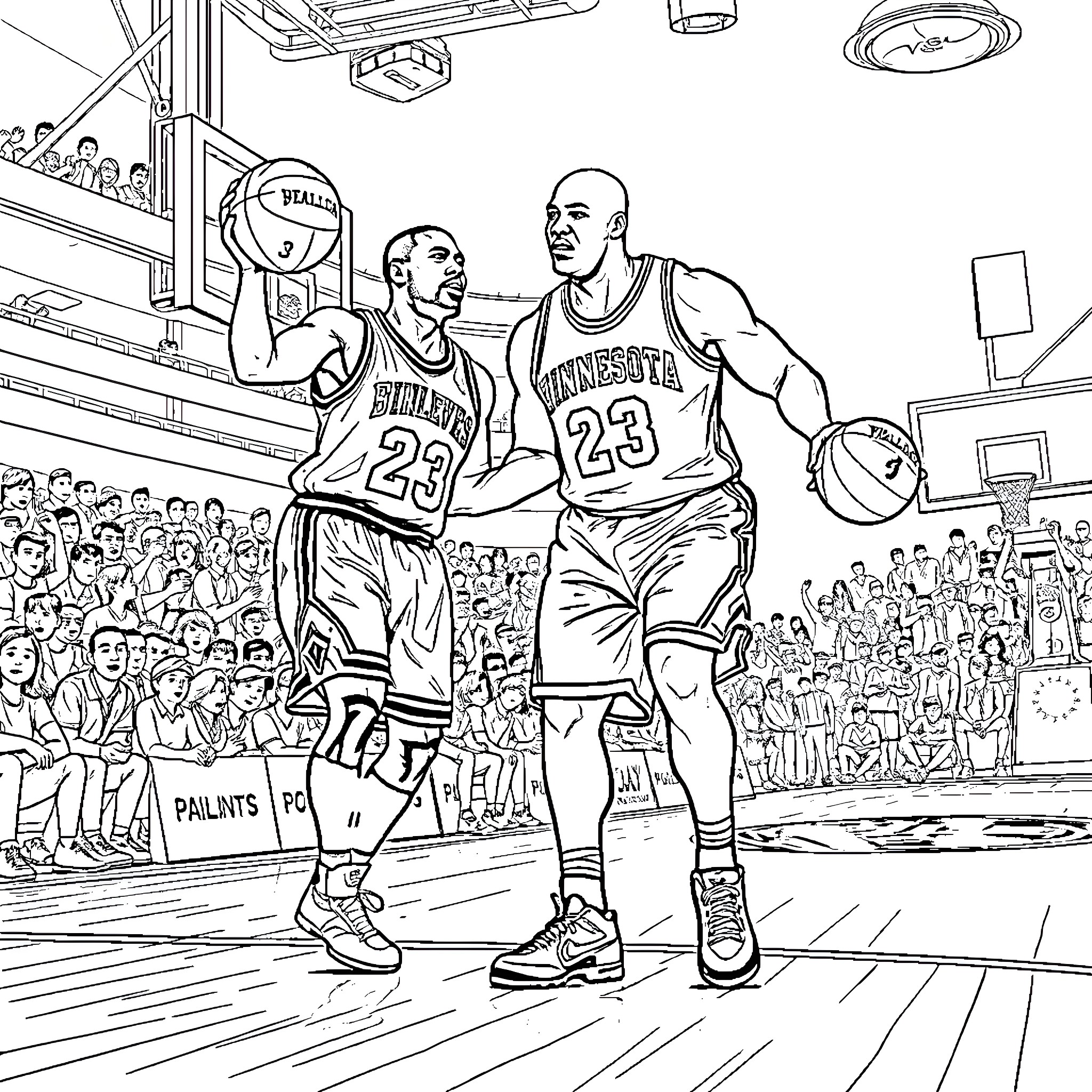 Basketball game with two players and crowd Coloring Page (free black-and-white line drawing printable PDF for all, from beginners to advanced learners, including children, teens, adults, and seniors)