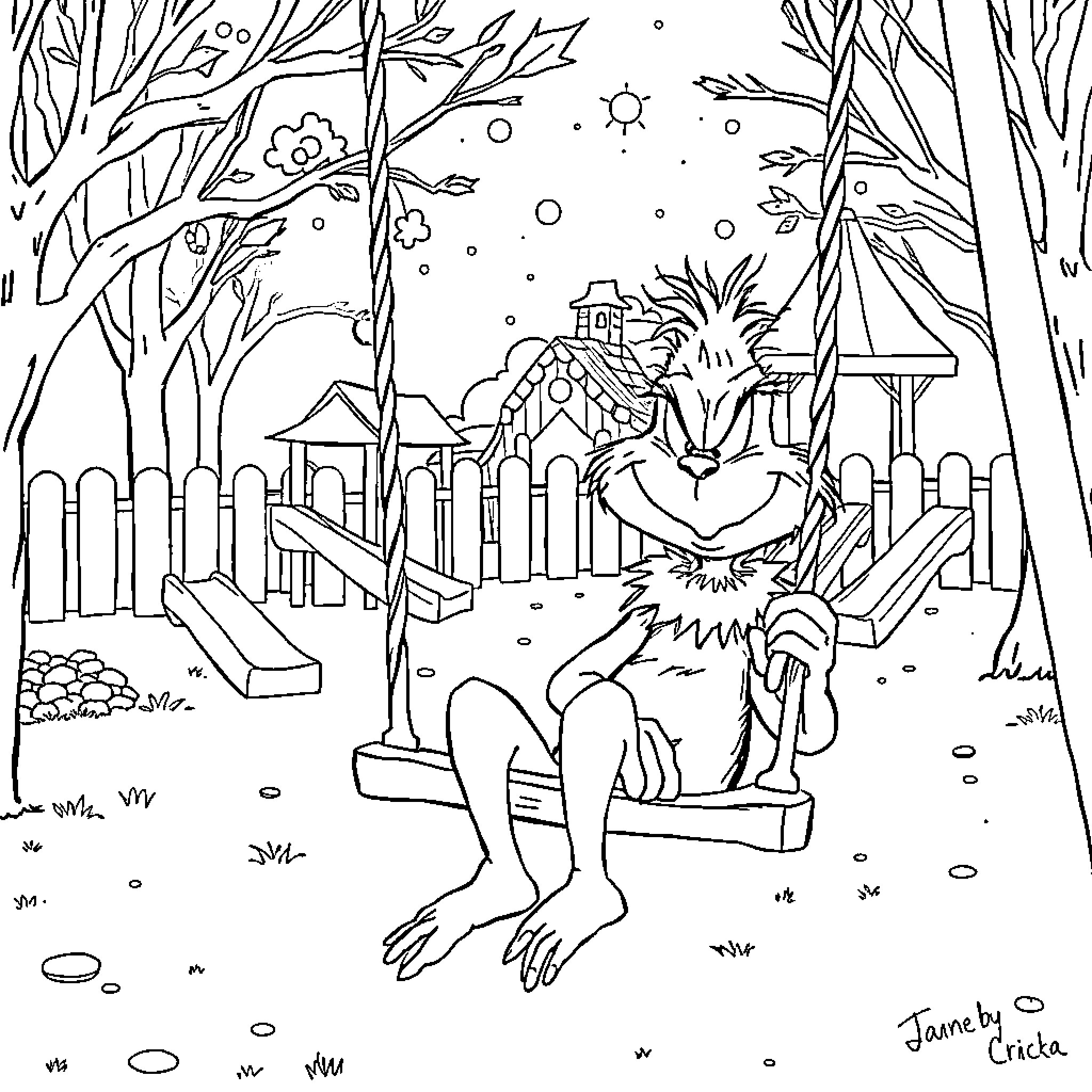 Grinch's Playful Winter Wonderland Coloring Page (free black-and-white line drawing printable PDF for all, from beginners to advanced learners, including children, teens, adults, and seniors)