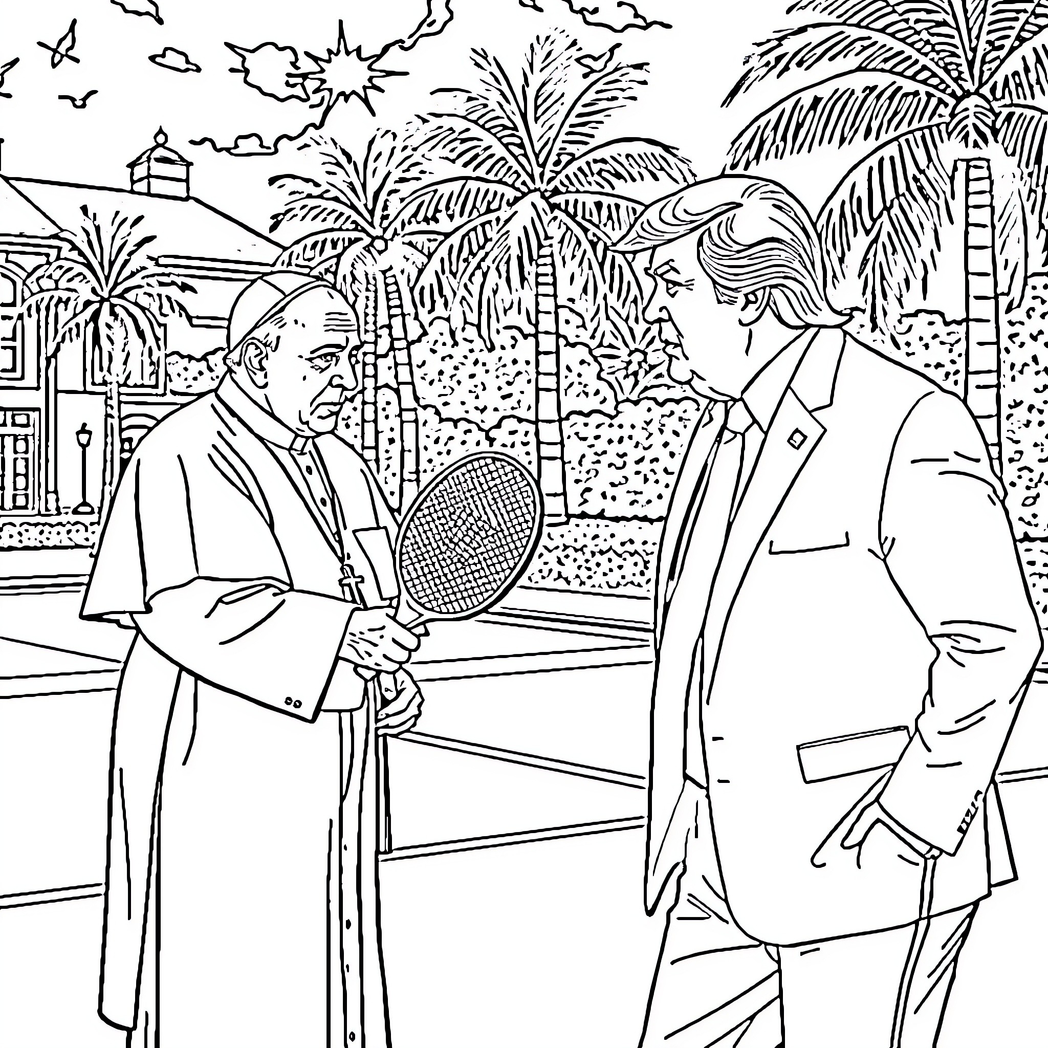 Donald Trump Meeting with the Pope in a Tropical Setting Coloring Page (free black-and-white line drawing printable PDF for all, from beginners to advanced learners, including children, teens, adults, and seniors)