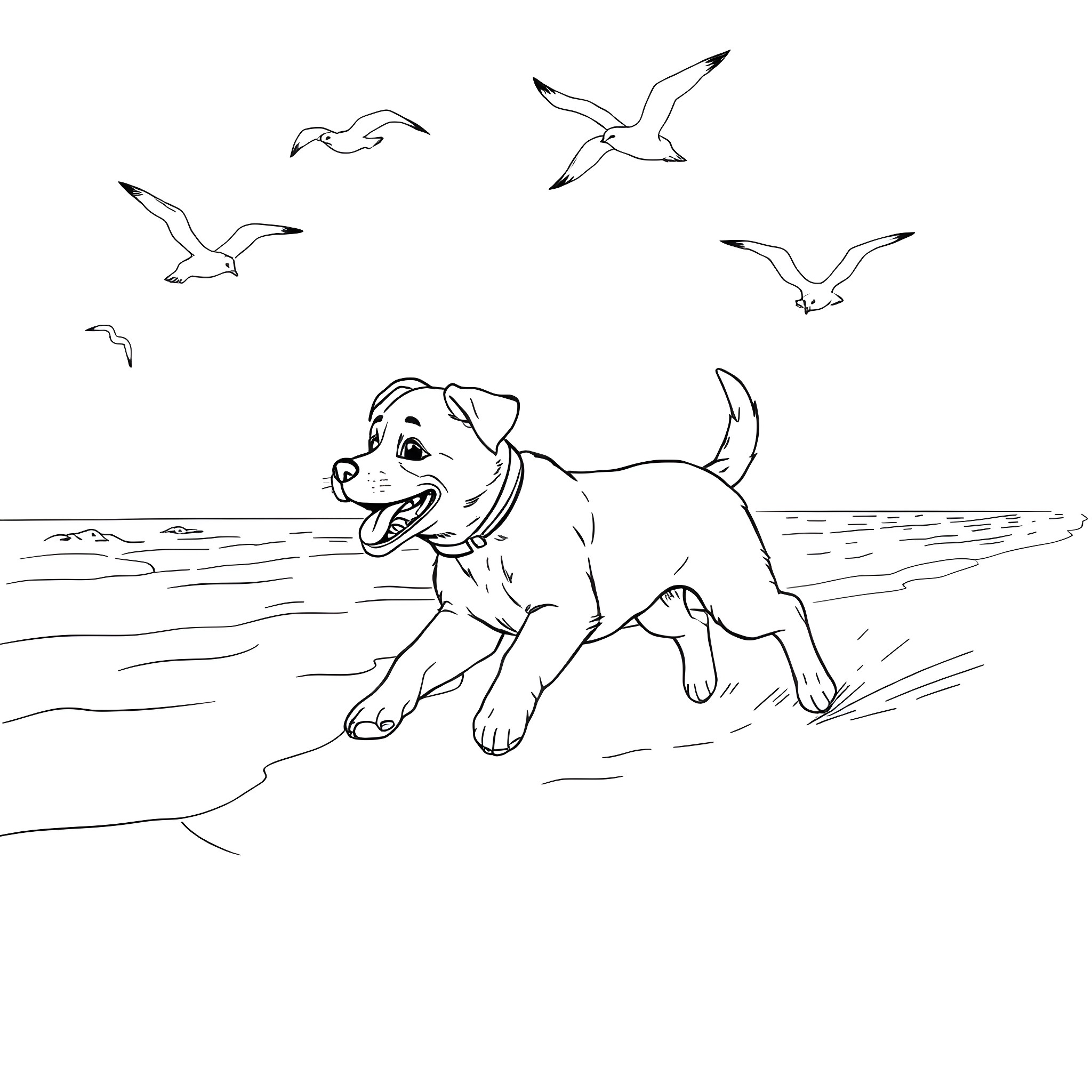 Dog playing joyfully on the beach with seagulls Coloring Page (free black-and-white line drawing printable PDF for all, from beginners to advanced learners, including children, teens, adults, and seniors)