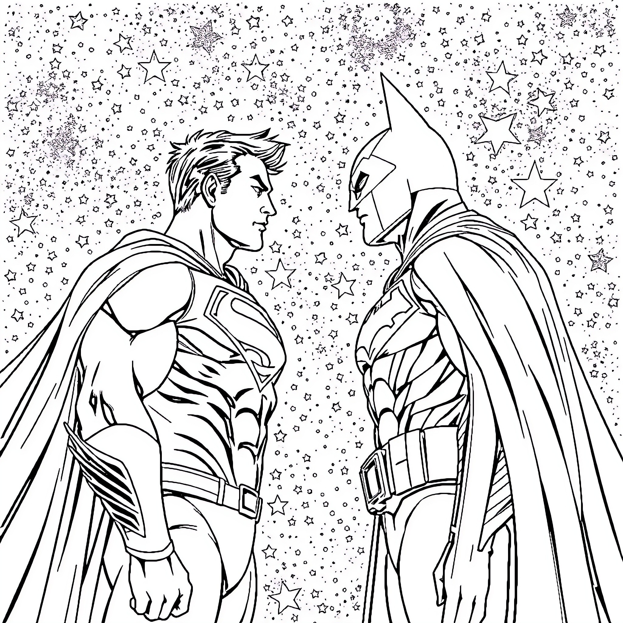 Superman and Batman confront each other amidst the stars Coloring Page (free black-and-white line drawing printable PDF for all, from beginners to advanced learners, including children, teens, adults, and seniors)