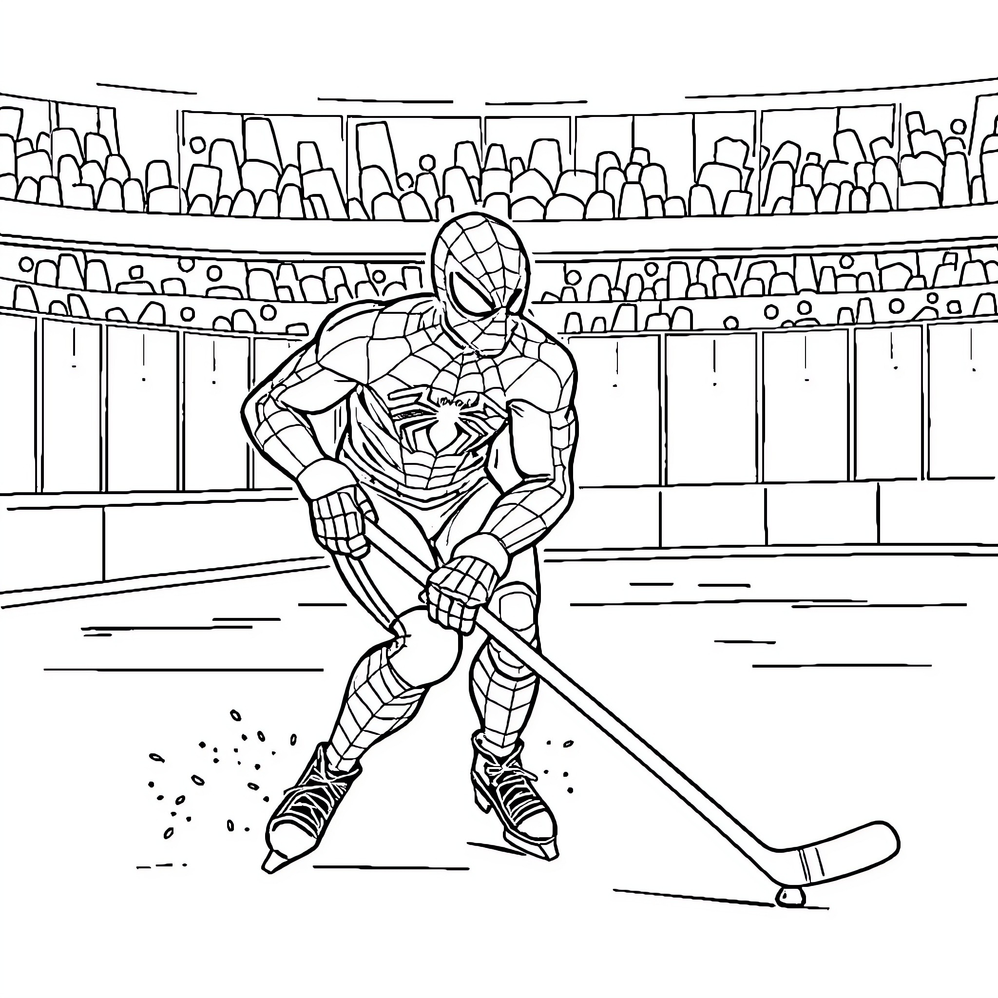 Spidey playing ice hockey in a packed stadium Coloring Page (free black-and-white line drawing printable PDF for all, from beginners to advanced learners, including children, teens, adults, and seniors)