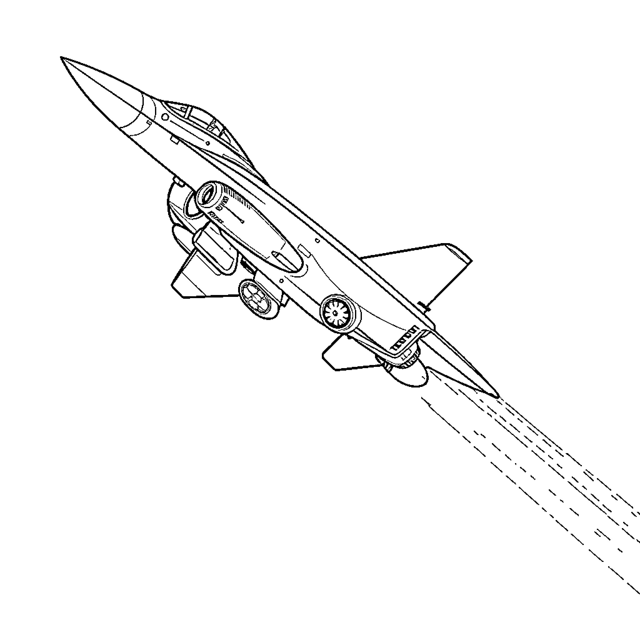Fighter Jet Soaring Through the Skies Coloring Page (free black-and-white line drawing printable PDF for all, from beginners to advanced learners, including children, teens, adults, and seniors)
