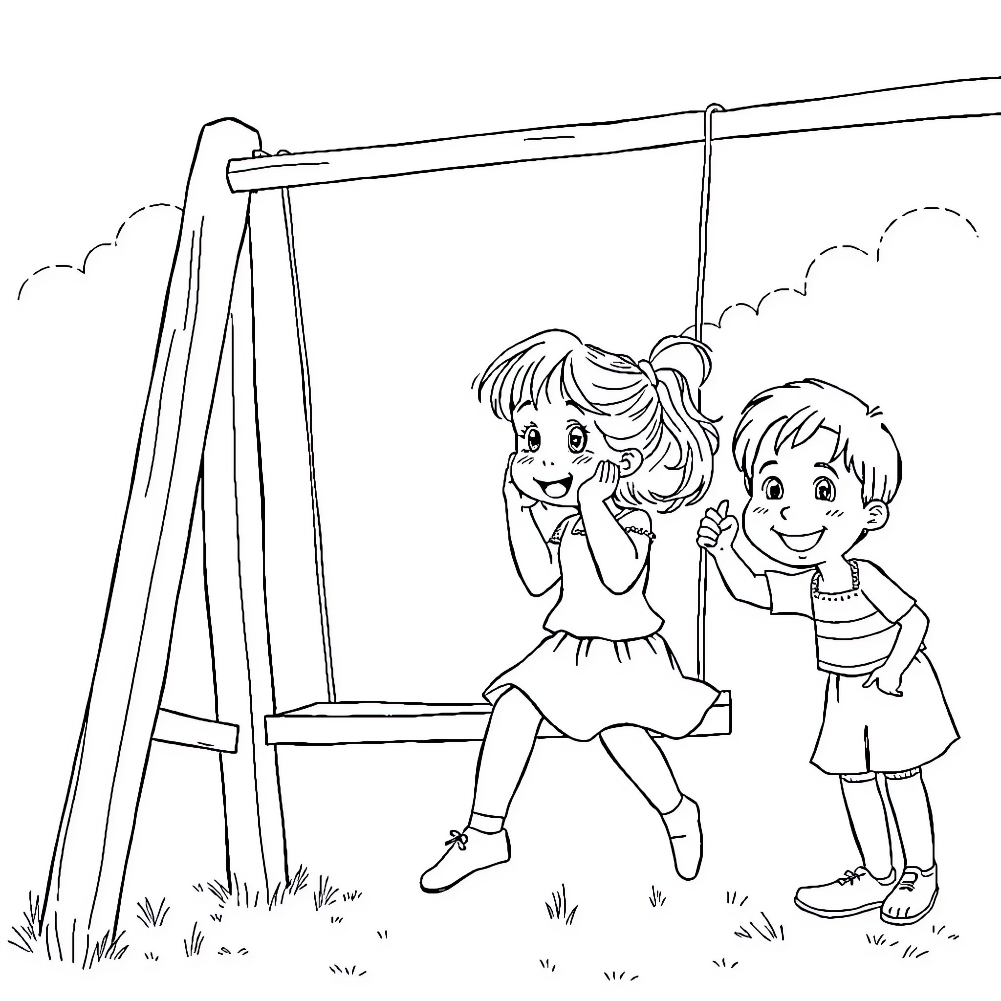 Girl and Boy Playing at the Easel Coloring Page (free black-and-white line drawing printable PDF for all, from beginners to advanced learners, including children, teens, adults, and seniors)