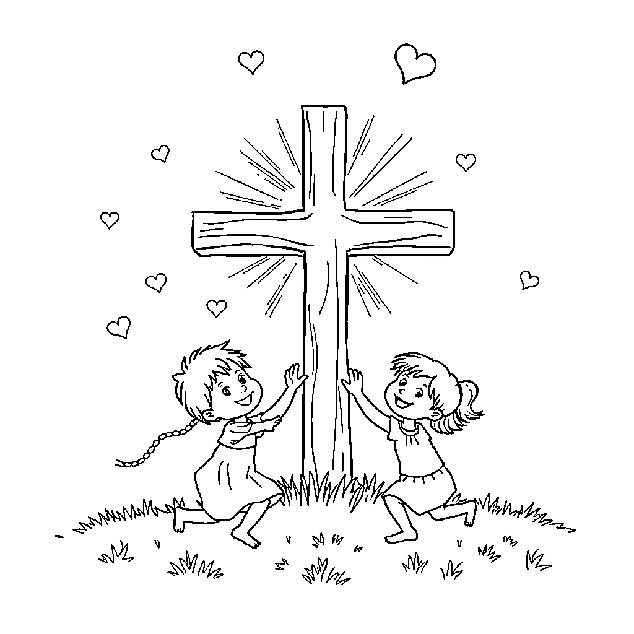 Cross of Faith Embraced by Children Coloring Page (free black-and-white line drawing printable PDF for all, from beginners to advanced learners, including children, teens, adults, and seniors)