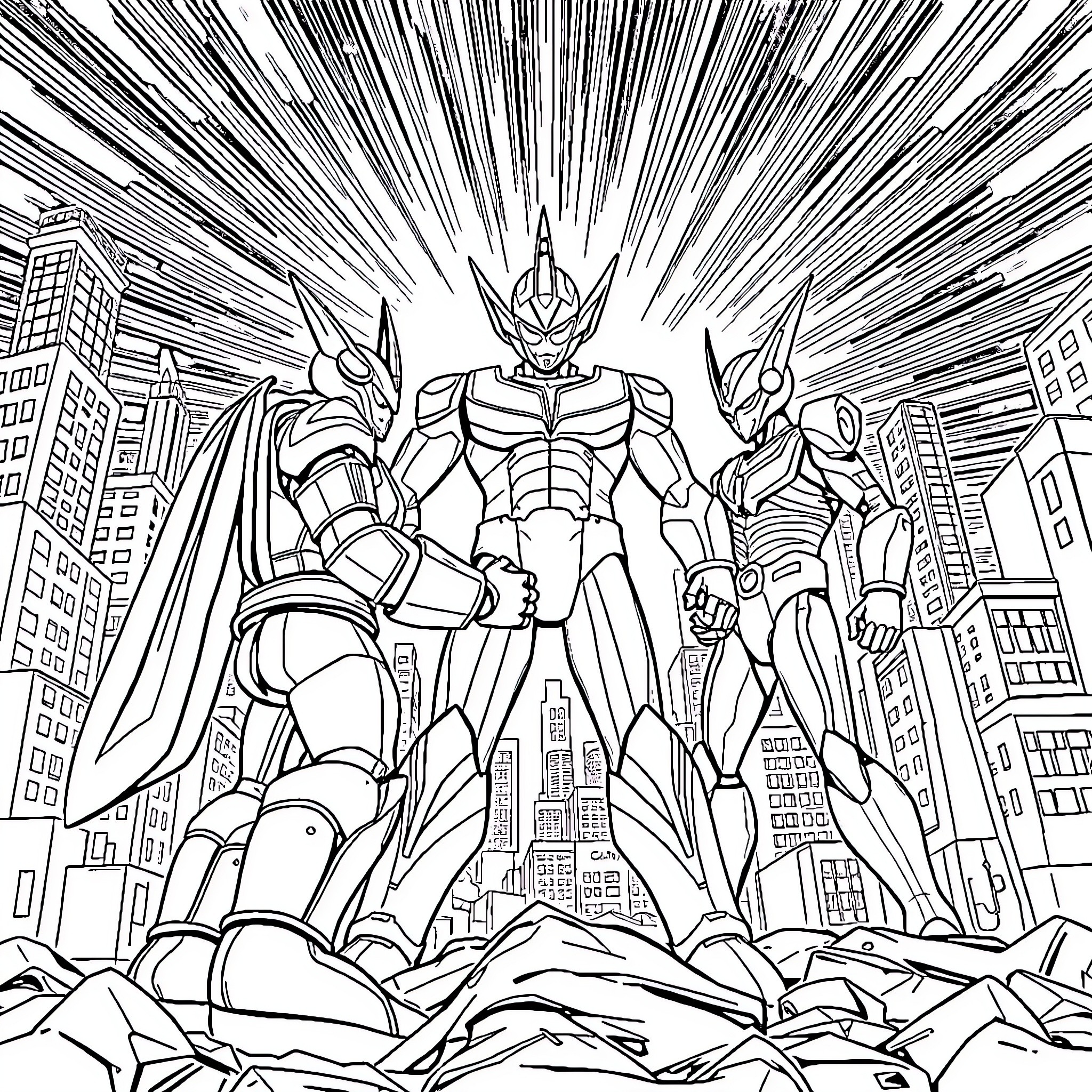 Ultraman heroes saving the city from disaster Coloring Page (free black-and-white line drawing printable PDF for all, from beginners to advanced learners, including children, teens, adults, and seniors)