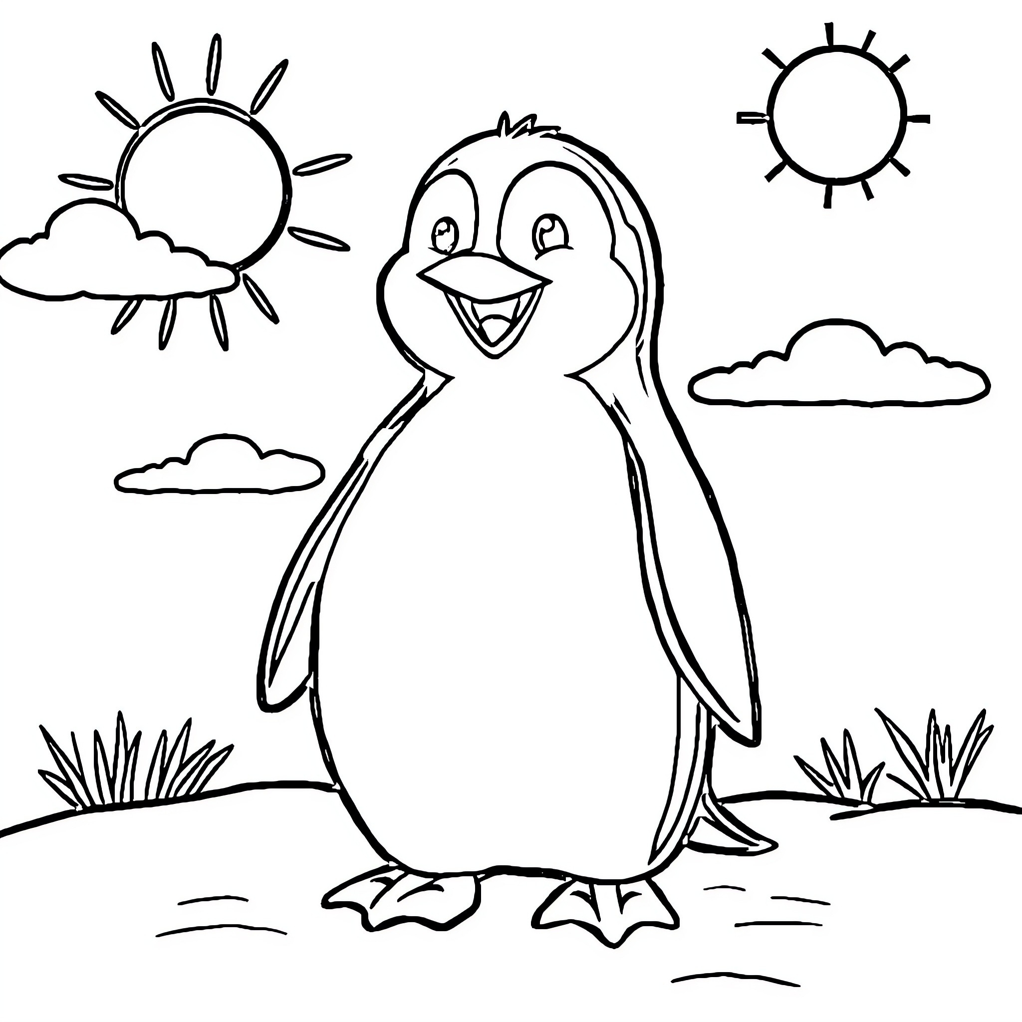 Penguin enjoying a sunny day outdoors Coloring Page (free black-and-white line drawing printable PDF for all, from beginners to advanced learners, including children, teens, adults, and seniors)