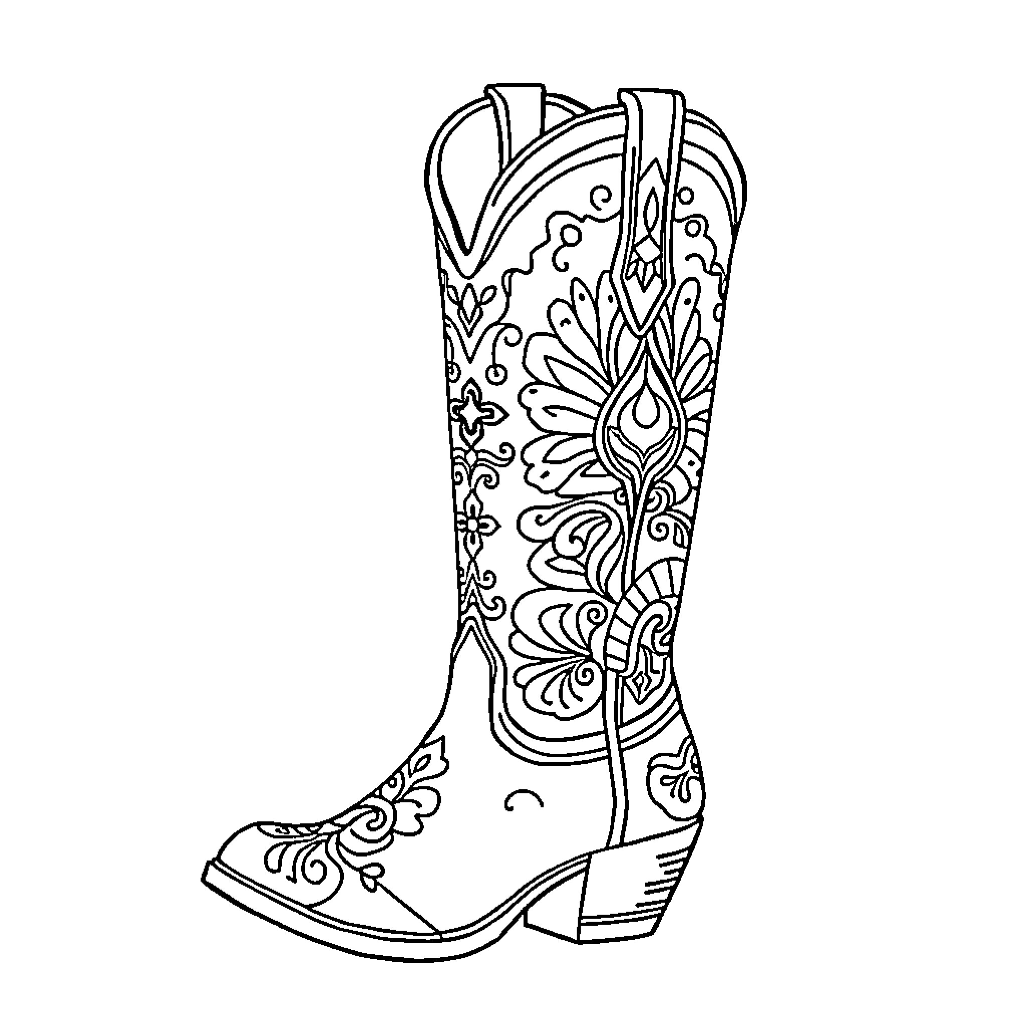 Cowboy Boot with Ornate Floral Design Coloring Page (free black-and-white line drawing printable PDF for all, from beginners to advanced learners, including children, teens, adults, and seniors)
