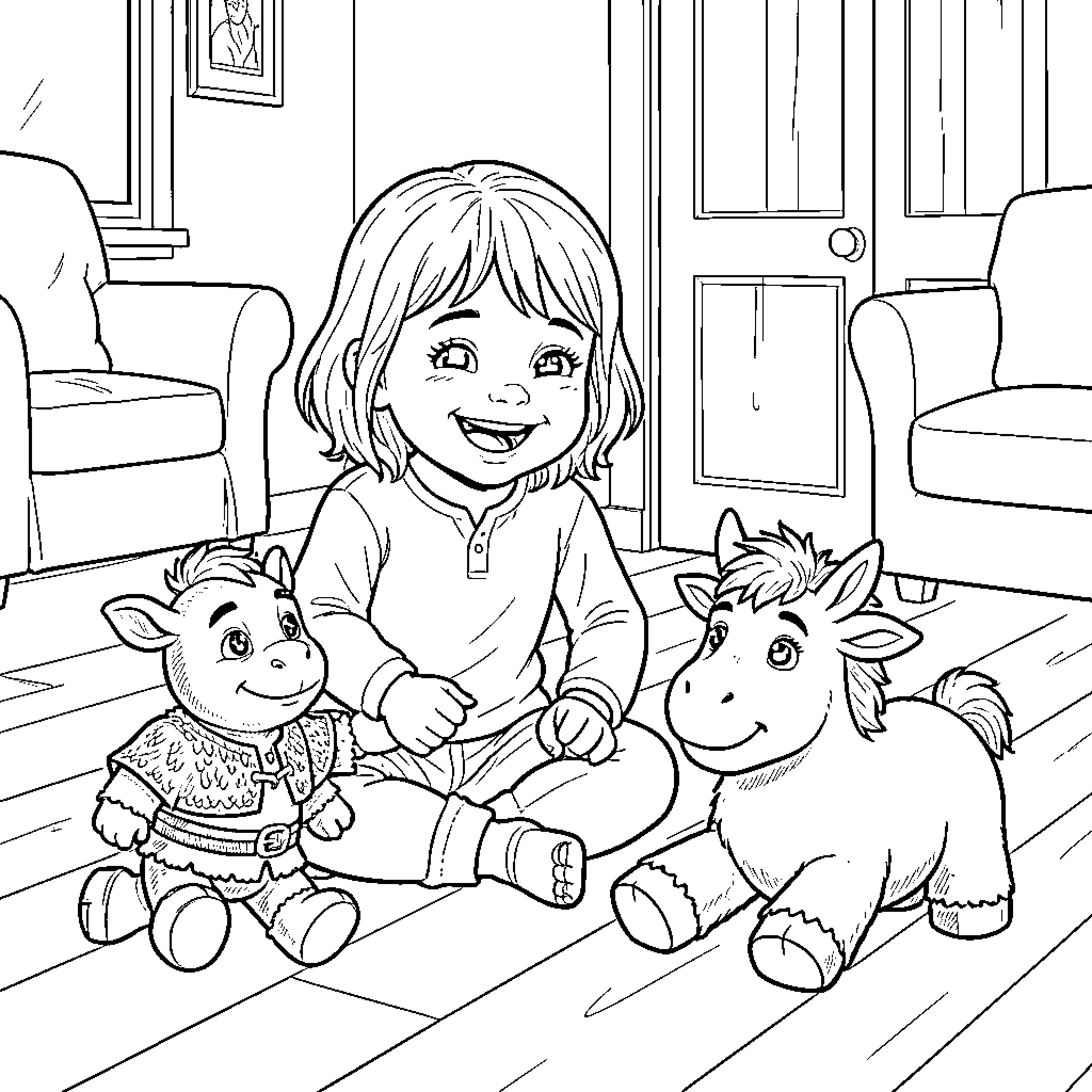Shrek and friends playing happily indoors Coloring Page (free black-and-white line drawing printable PDF for all, from beginners to advanced learners, including children, teens, adults, and seniors)