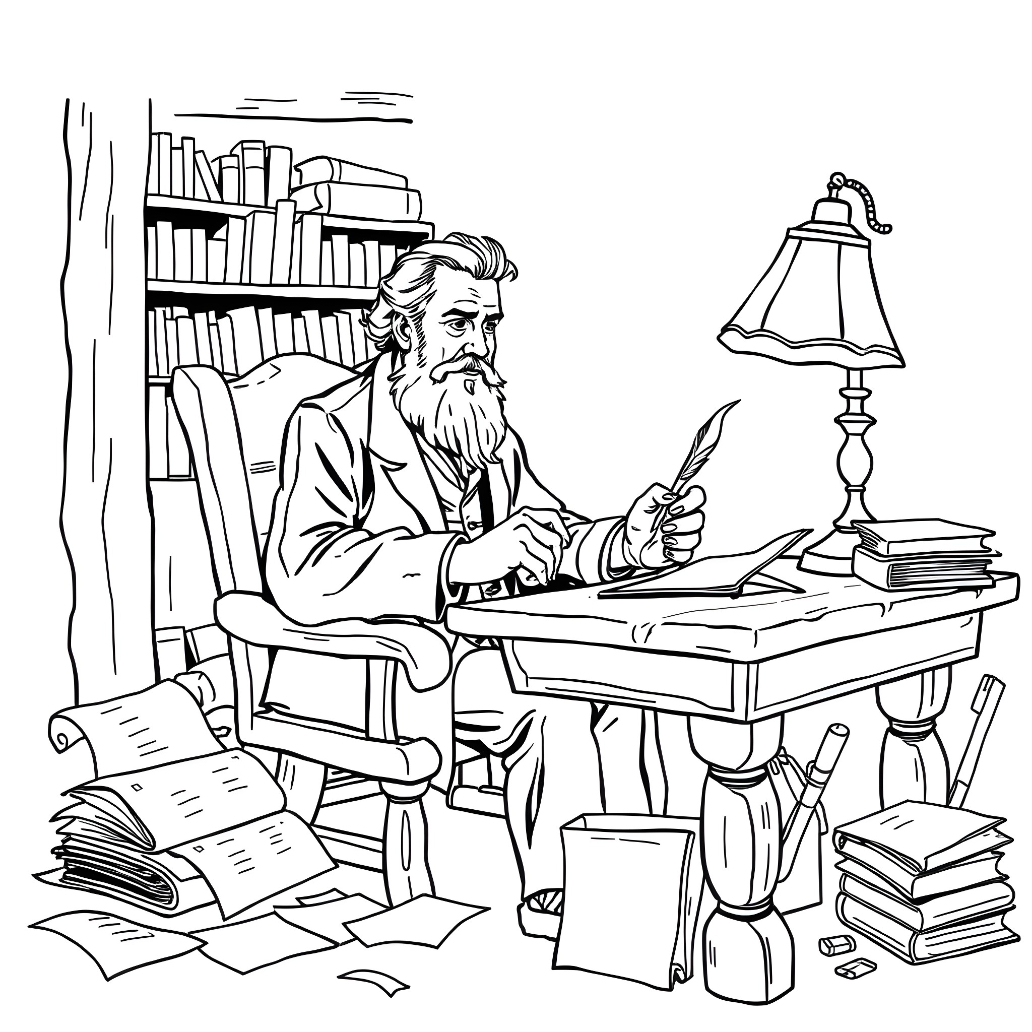 Longfellow writing at his desk in a study Coloring Page (free black-and-white line drawing printable PDF for all, from beginners to advanced learners, including children, teens, adults, and seniors)