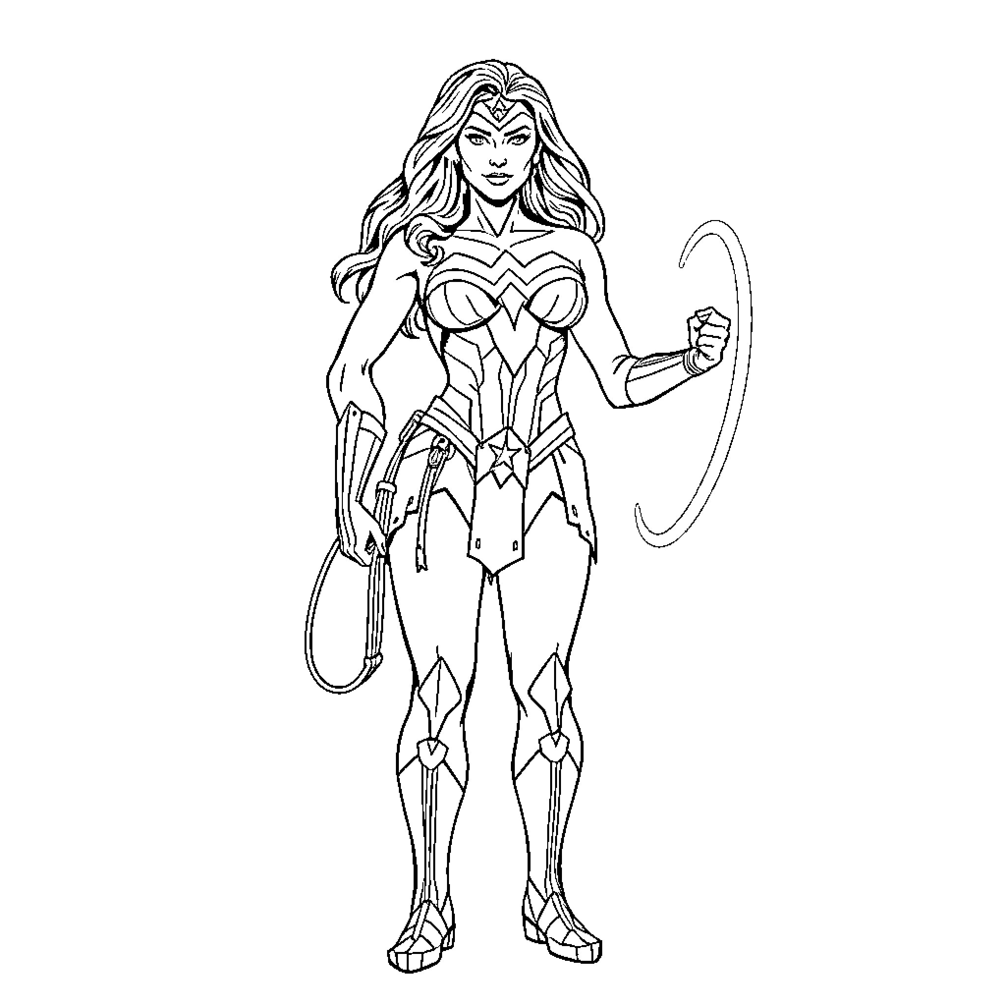 Wonder Woman posing in heroic stance Coloring Page (free black-and-white line drawing printable PDF for all, from beginners to advanced learners, including children, teens, adults, and seniors)
