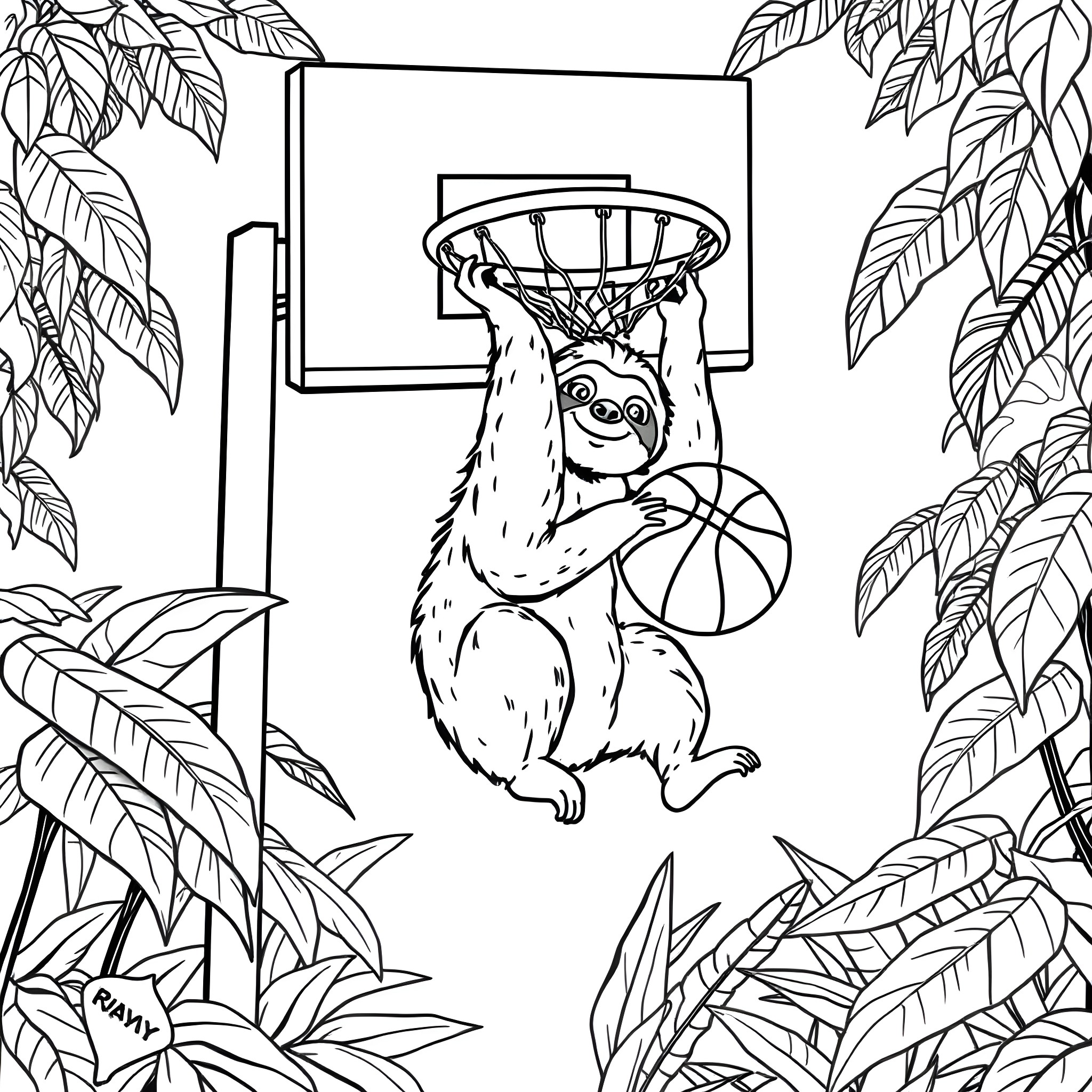 Sloth playing basketball in the jungle Coloring Page (free black-and-white line drawing printable PDF for all, from beginners to advanced learners, including children, teens, adults, and seniors)