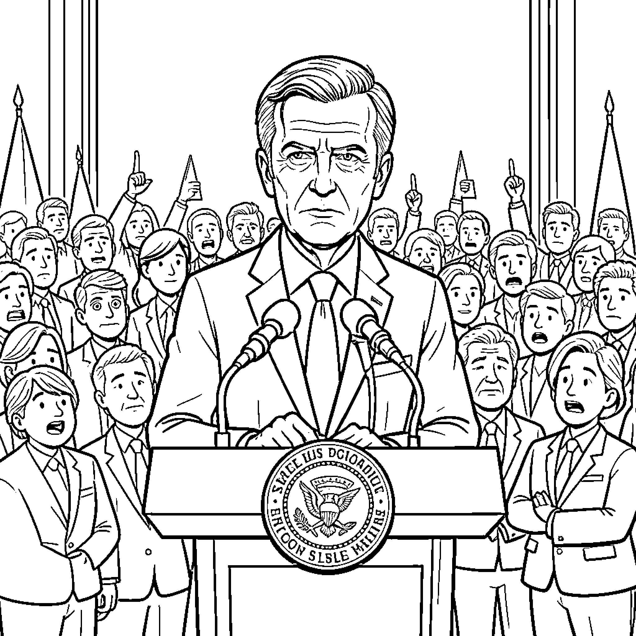 Macron addressing an audience at a podium Coloring Page (free black-and-white line drawing printable PDF for all, from beginners to advanced learners, including children, teens, adults, and seniors)