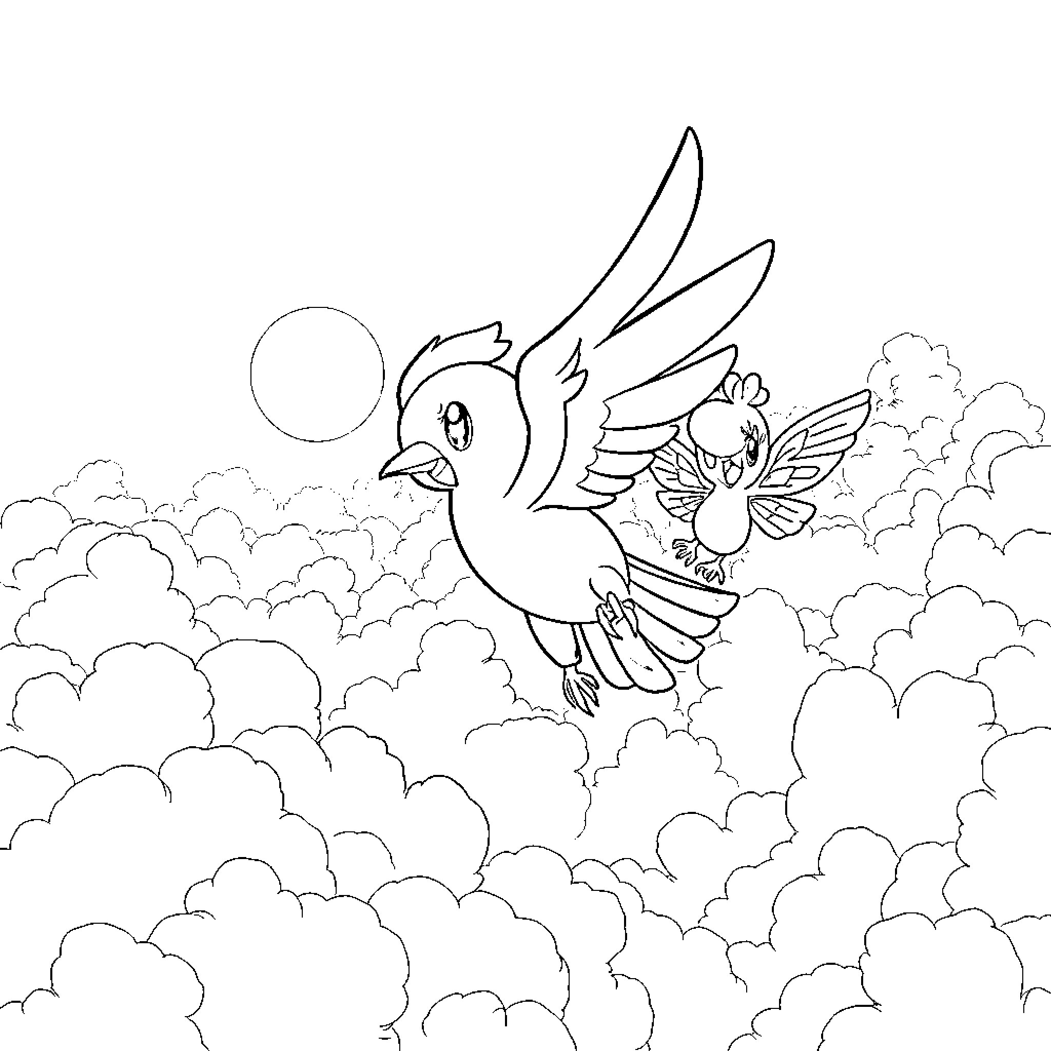 Pidgey soaring through the clouds with butterfly companion Coloring Page (free black-and-white line drawing printable PDF for all, from beginners to advanced learners, including children, teens, adults, and seniors)