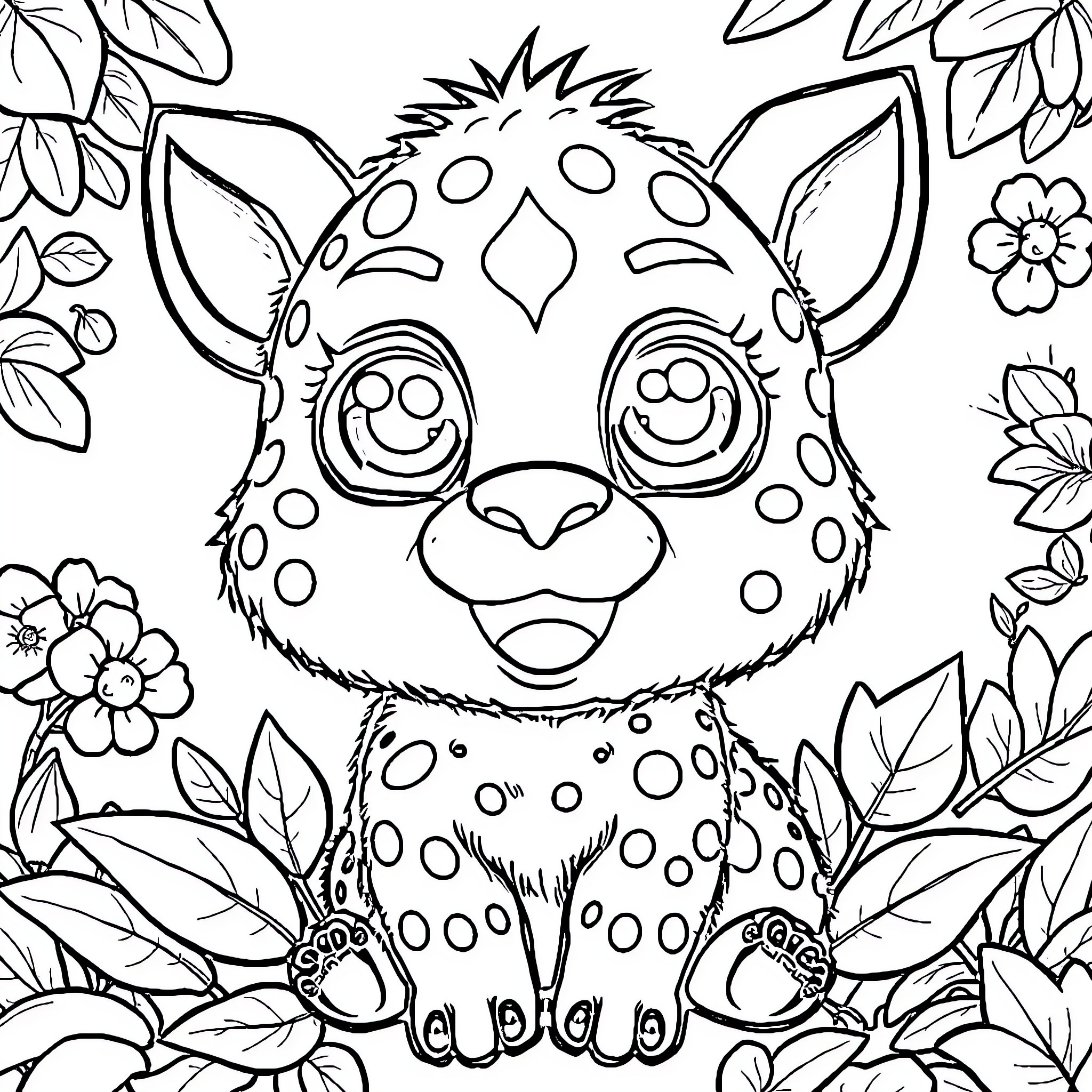 Labubu's Playful Escape in the Floral Garden Coloring Page (free black-and-white line drawing printable PDF for all, from beginners to advanced learners, including children, teens, adults, and seniors)