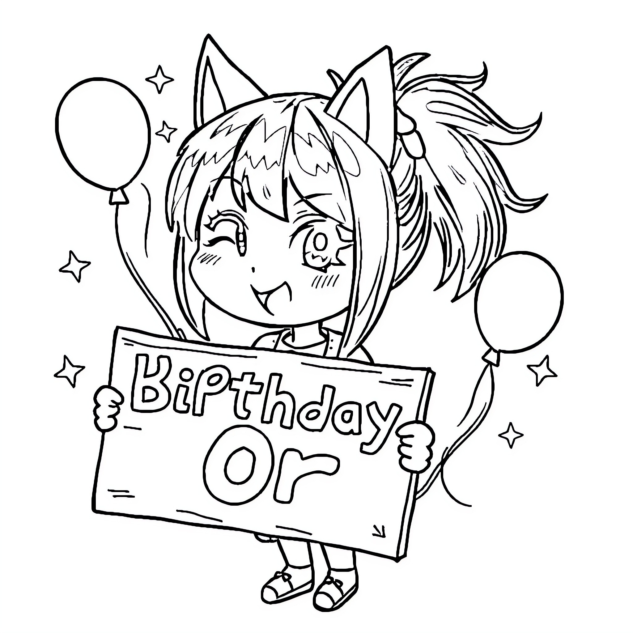 Kuromi celebrates a joyous birthday party Coloring Page (free black-and-white line drawing printable PDF for all, from beginners to advanced learners, including children, teens, adults, and seniors)