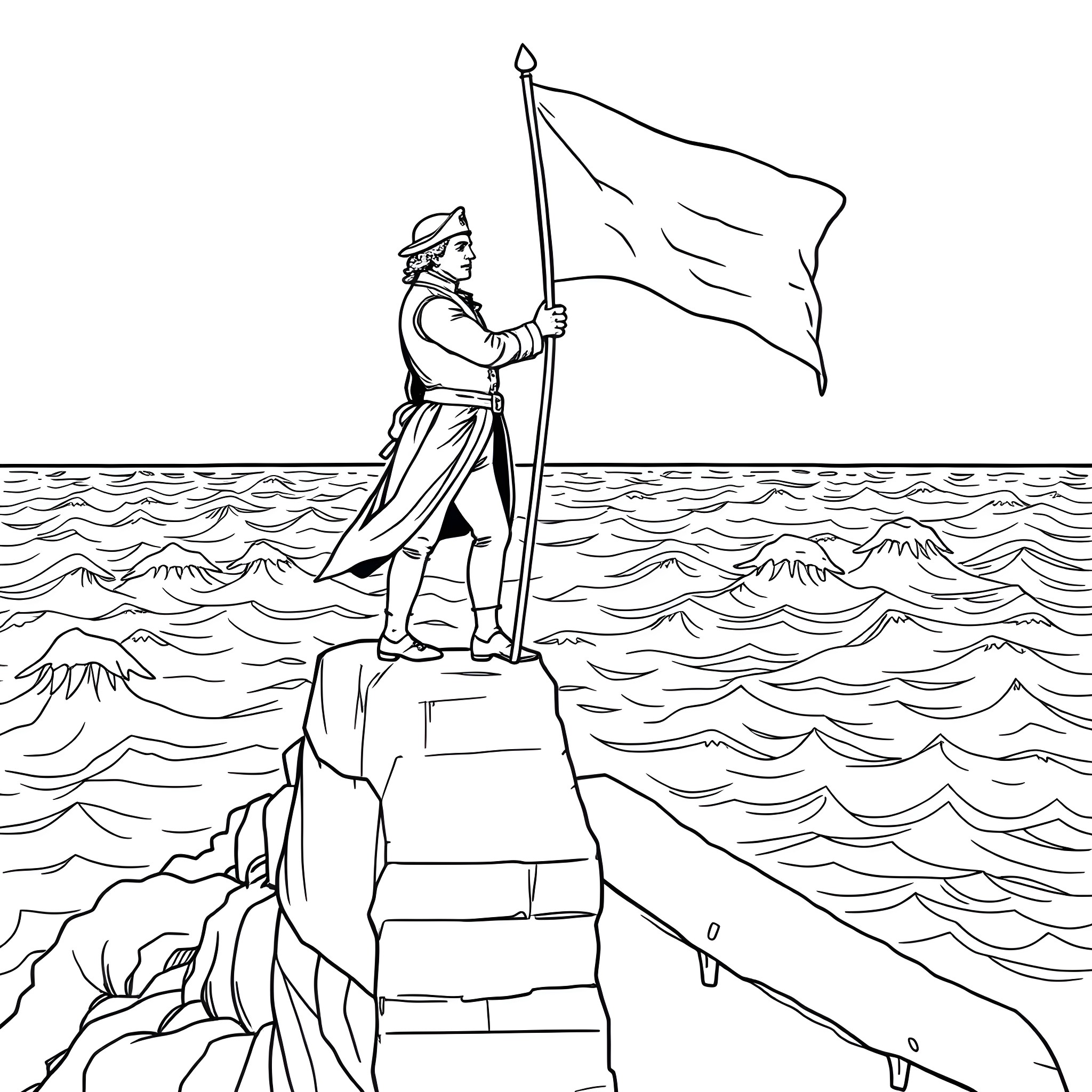 William Jasper standing proudly with a waving flag on a rocky shore Coloring Page (free black-and-white line drawing printable PDF for all, from beginners to advanced learners, including children, teens, adults, and seniors)