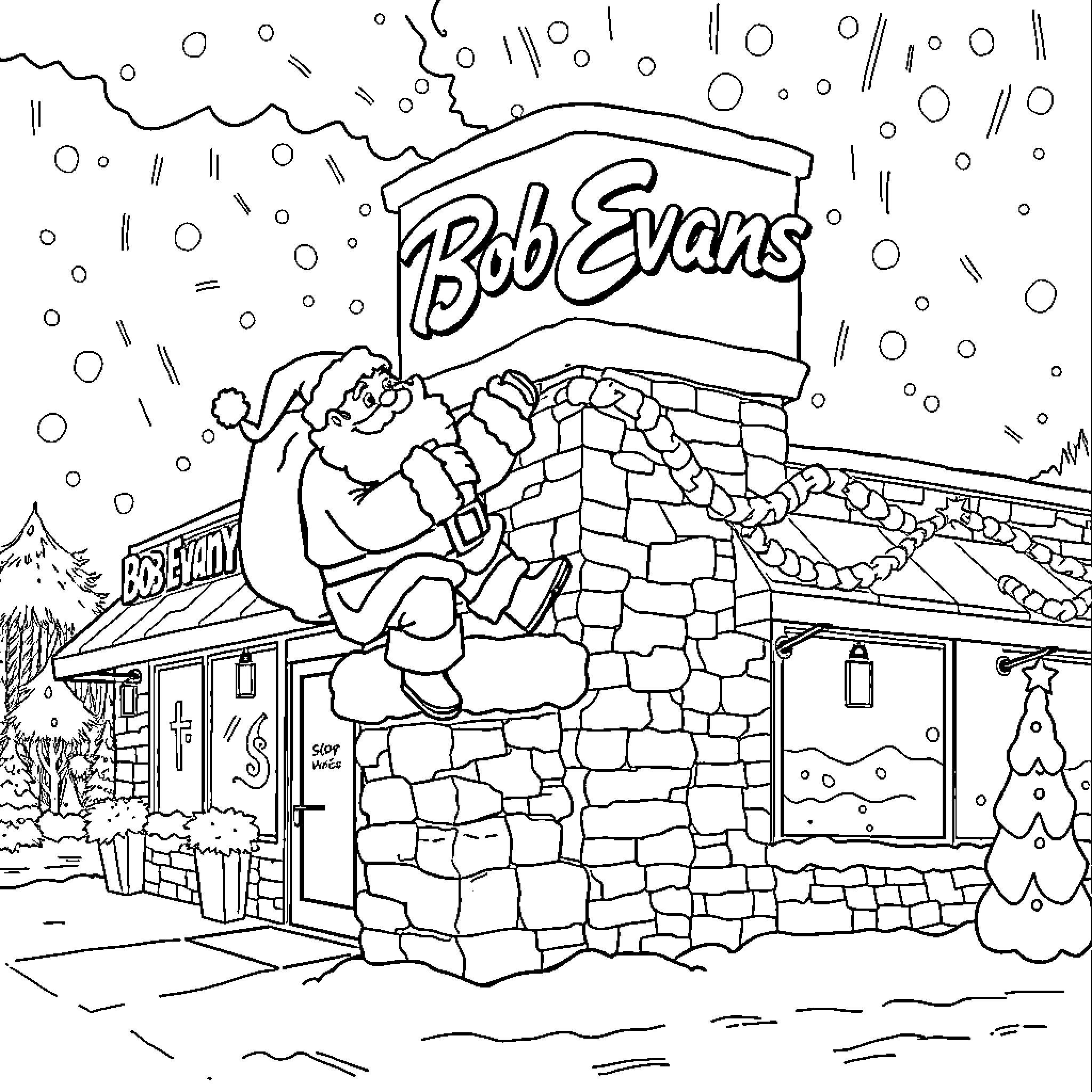 Santa Claus visiting Bob Evans restaurant in the snow Coloring Page (free black-and-white line drawing printable PDF for all, from beginners to advanced learners, including children, teens, adults, and seniors)