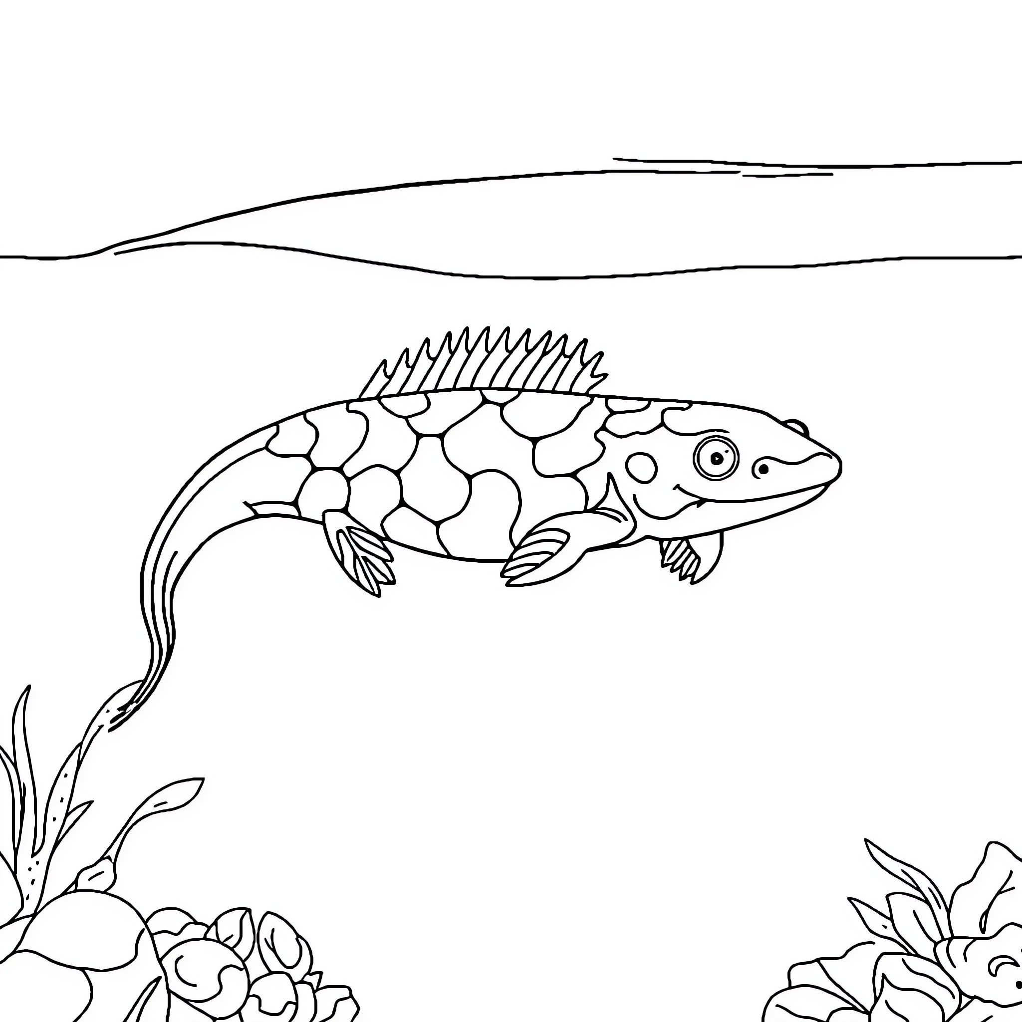 Axolotl swimming gracefully through underwater plants Coloring Page (free black-and-white line drawing printable PDF for all, from beginners to advanced learners, including children, teens, adults, and seniors)