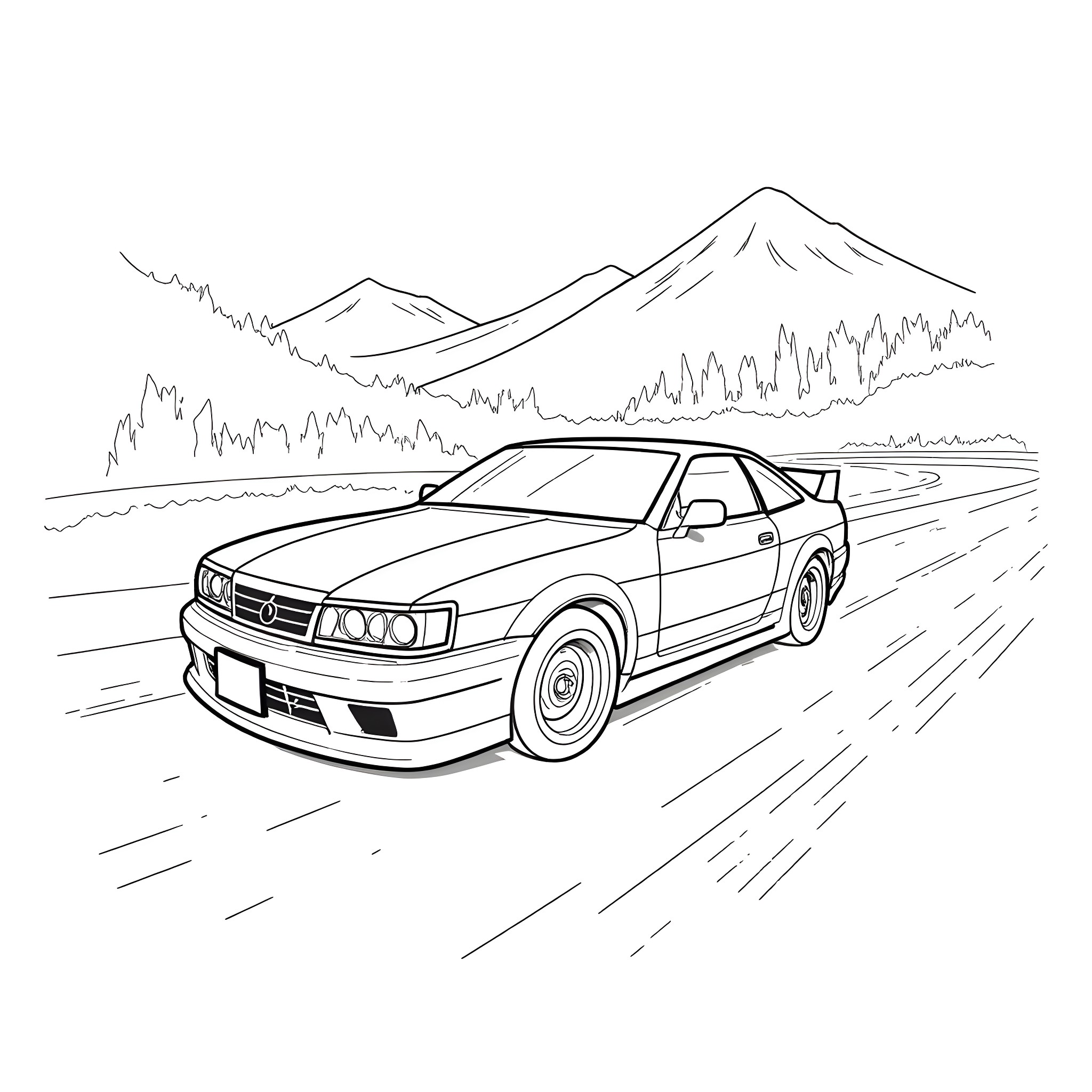 S14 Sporty Car Racing Through the Mountains Coloring Page (free black-and-white line drawing printable PDF for all, from beginners to advanced learners, including children, teens, adults, and seniors)