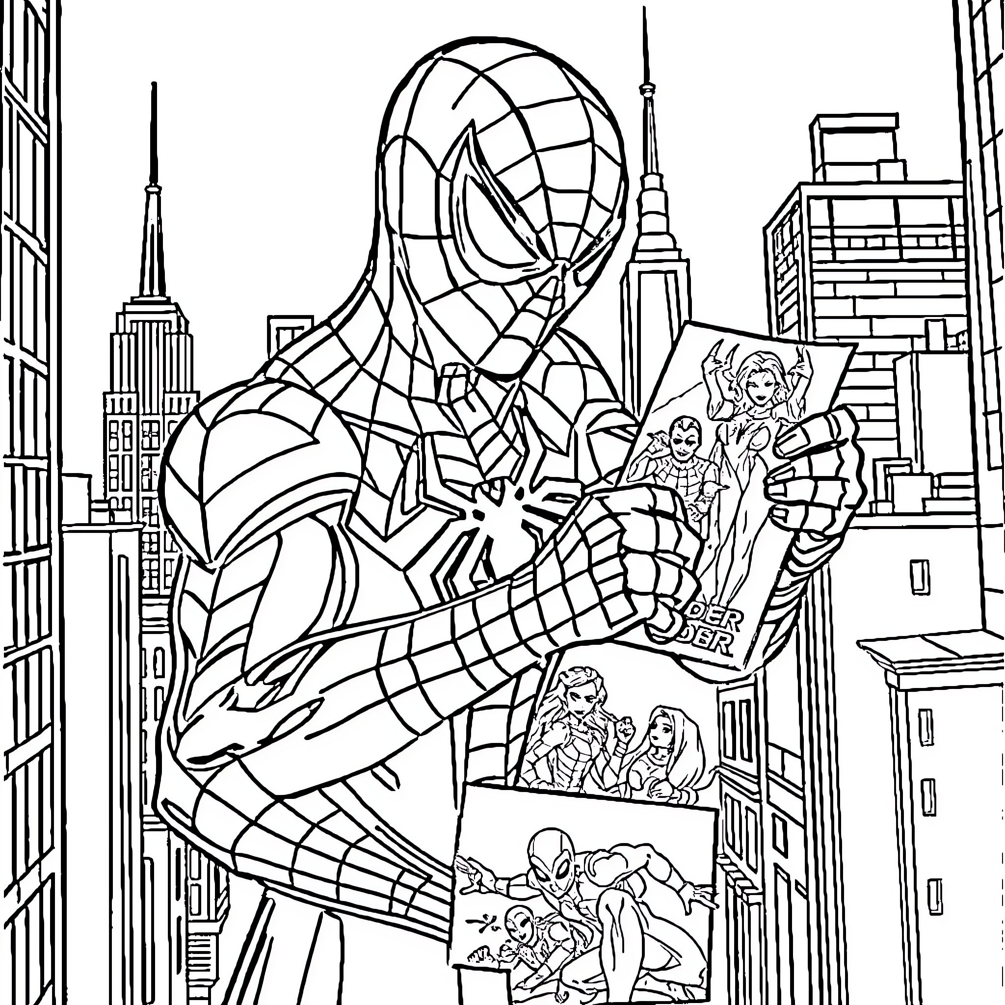 Spiderman swinging through the city skyline Coloring Page (free black-and-white line drawing printable PDF for all, from beginners to advanced learners, including children, teens, adults, and seniors)