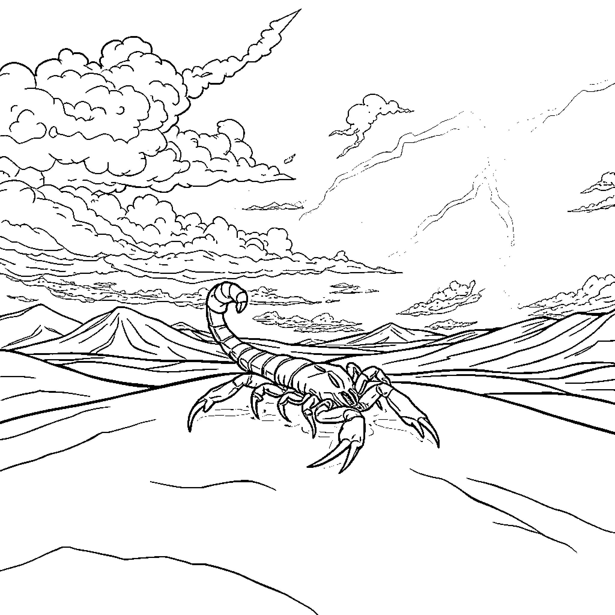 Scorpion stalking prey in the desert landscape Coloring Page (free black-and-white line drawing printable PDF for all, from beginners to advanced learners, including children, teens, adults, and seniors)