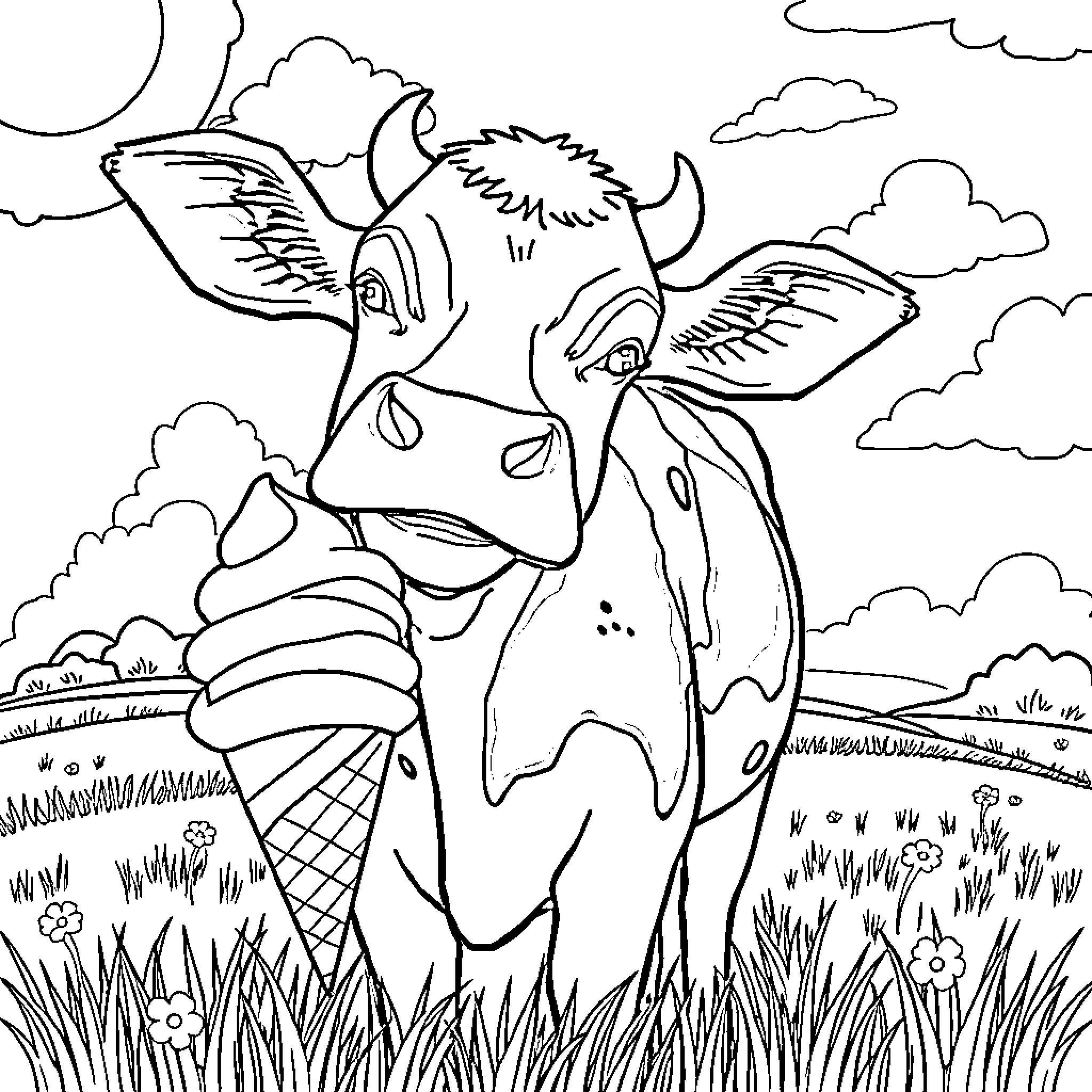 Cow with wings enjoying ice cream in the countryside Coloring Page (free black-and-white line drawing printable PDF for all, from beginners to advanced learners, including children, teens, adults, and seniors)