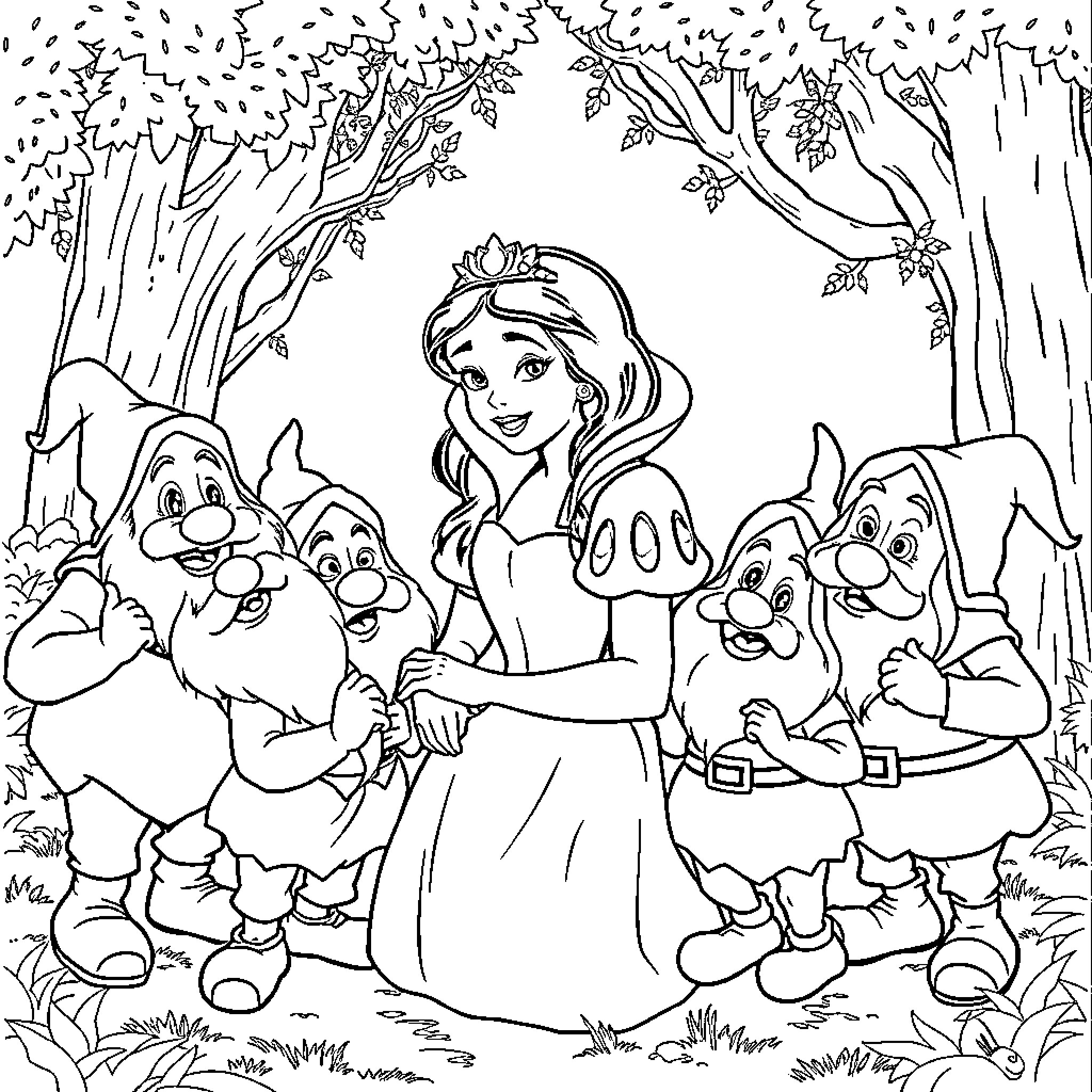 Snow White surrounded by dwarfs in the enchanted forest Coloring Page (free black-and-white line drawing printable PDF for all, from beginners to advanced learners, including children, teens, adults, and seniors)