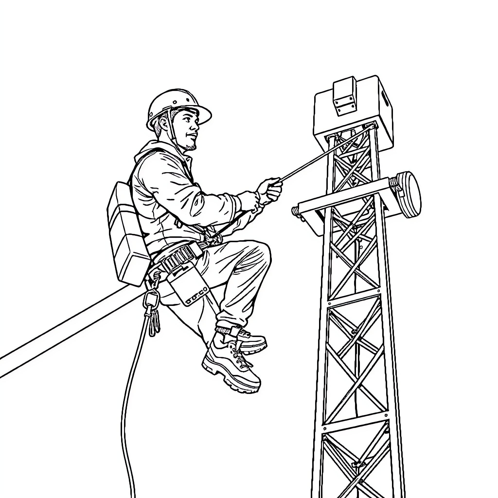 Electricista performing maintenance on utility tower Coloring Page (free black-and-white line drawing printable PDF for all, from beginners to advanced learners, including children, teens, adults, and seniors)