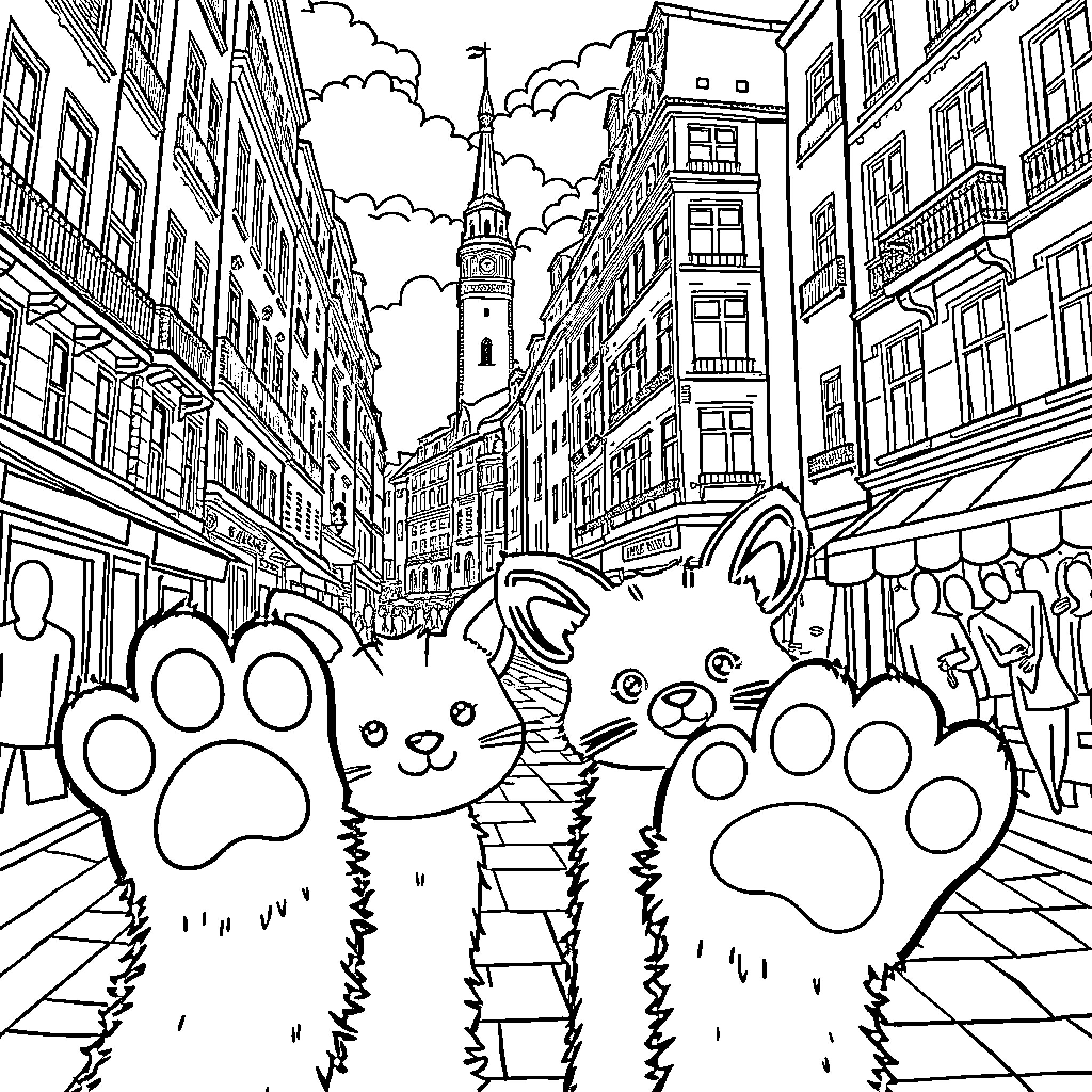Paw Prints Prance Through Paris Street Coloring Page (free black-and-white line drawing printable PDF for all, from beginners to advanced learners, including children, teens, adults, and seniors)