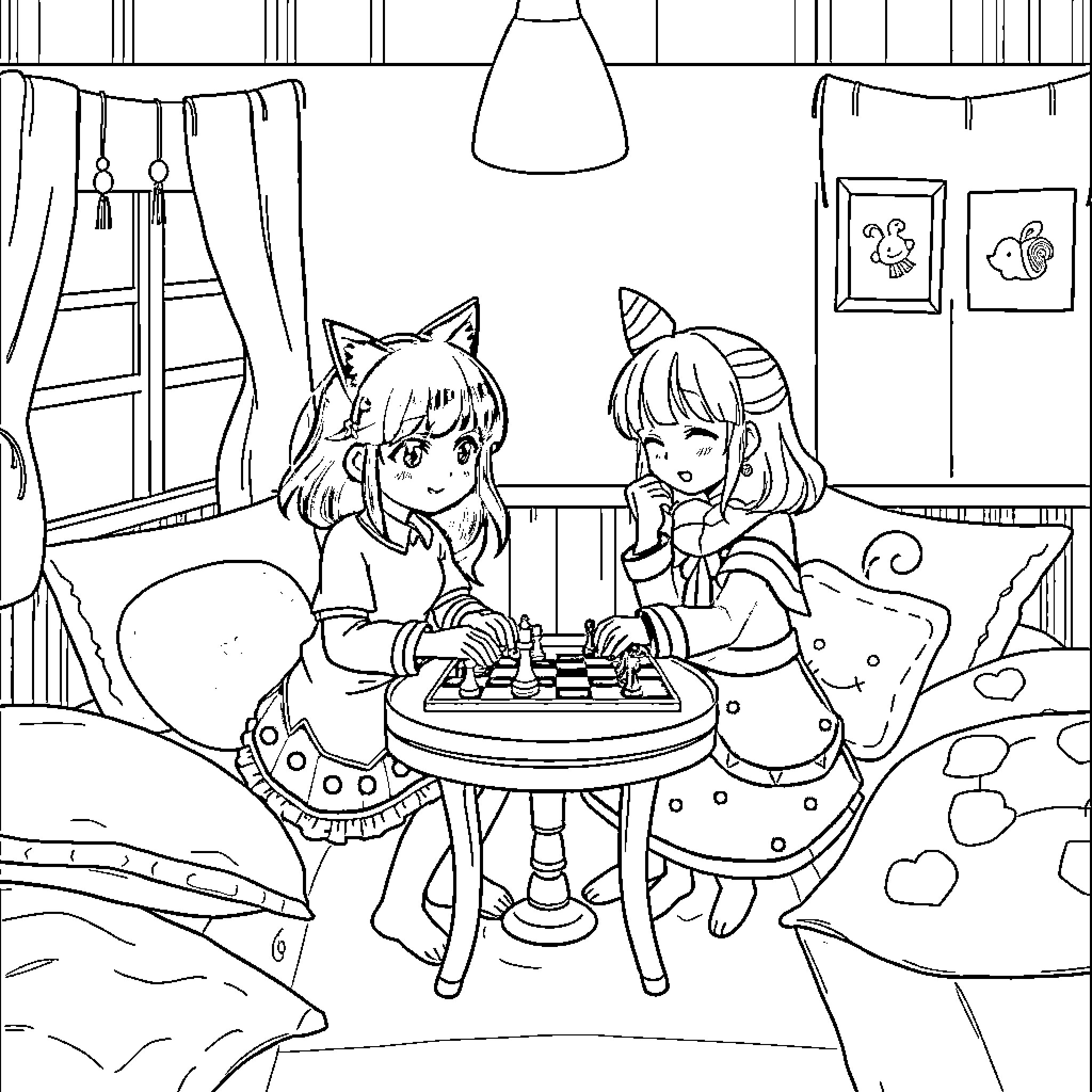 Kuromi and Friend Enjoying a Chess Game Coloring Page (free black-and-white line drawing printable PDF for all, from beginners to advanced learners, including children, teens, adults, and seniors)