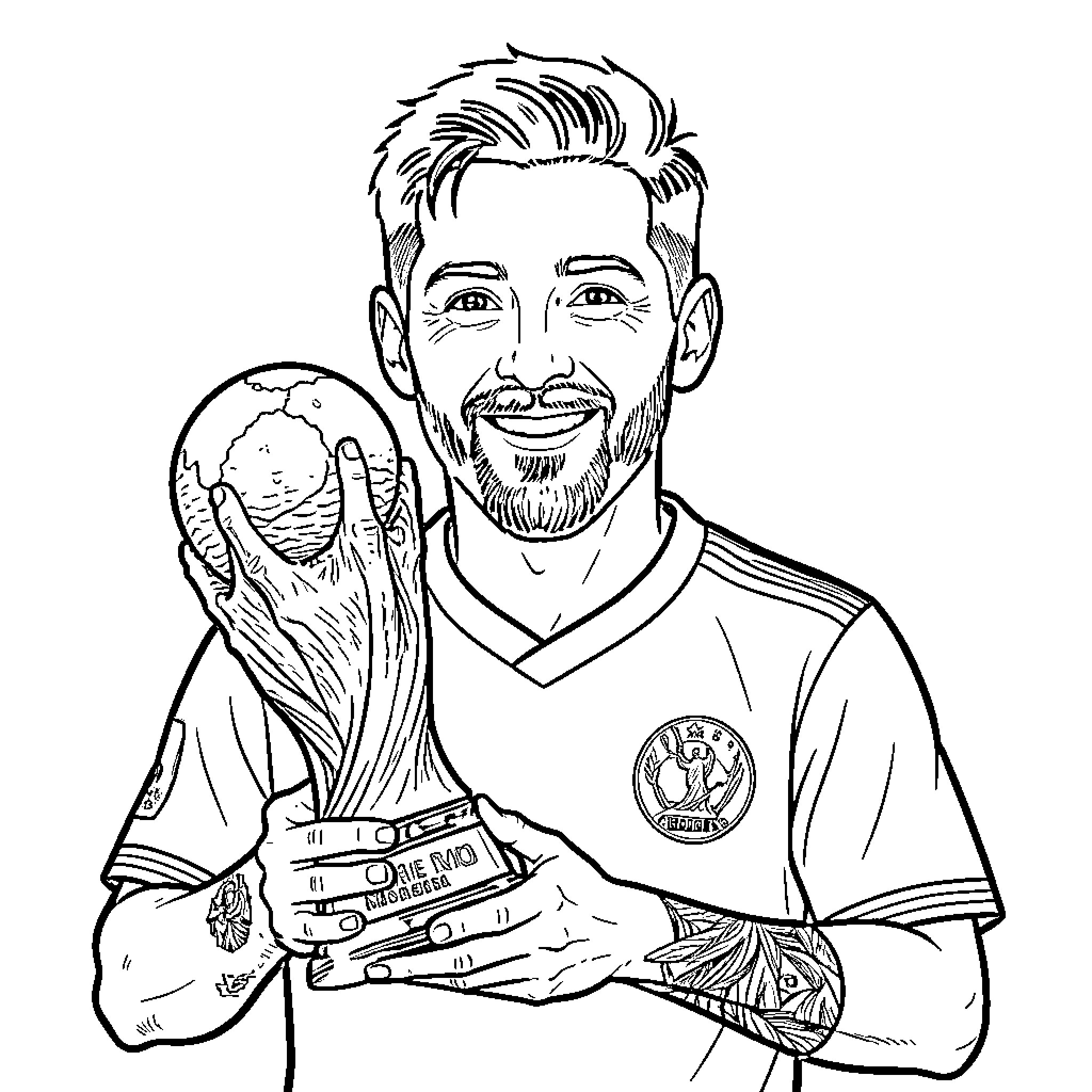 Messi Celebrating Football Victory with Trophy Coloring Page (free black-and-white line drawing printable PDF for all, from beginners to advanced learners, including children, teens, adults, and seniors)