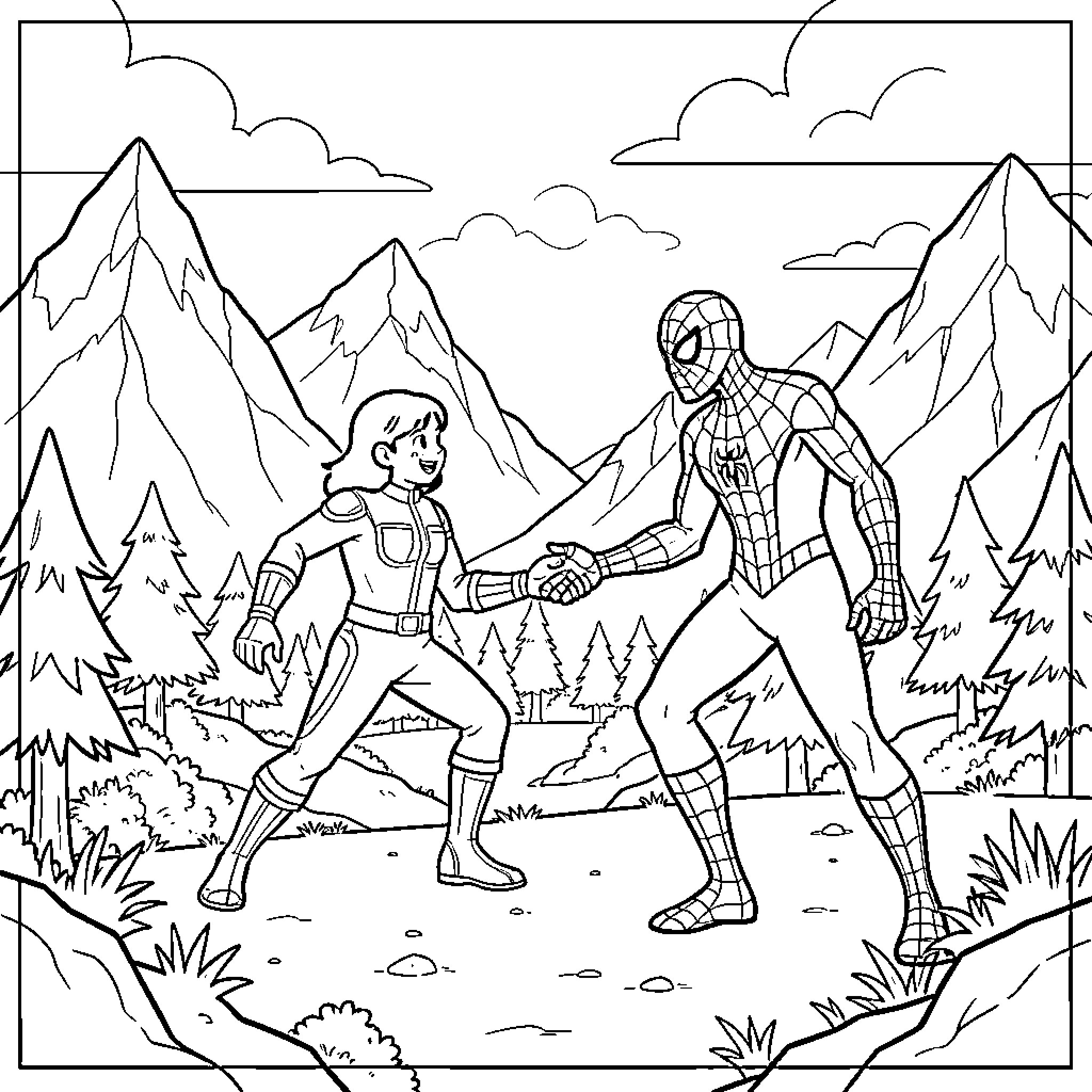 Pat Patrouille characters shaking hands in a mountain landscape Coloring Page (free black-and-white line drawing printable PDF for all, from beginners to advanced learners, including children, teens, adults, and seniors)