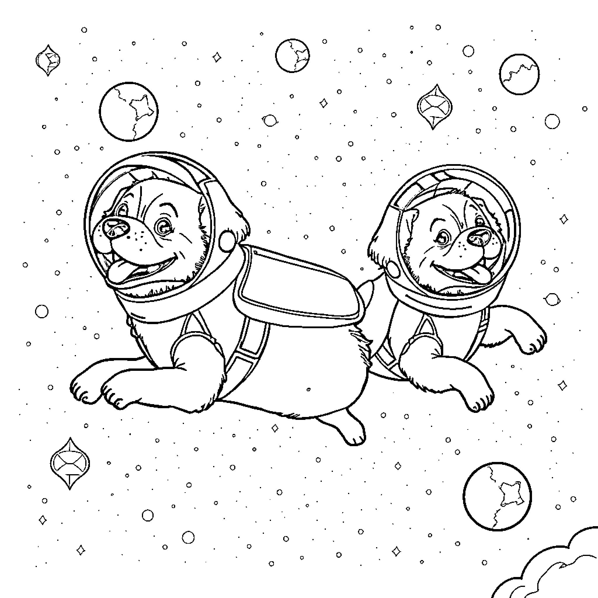 Dog astronauts exploring the galaxy Coloring Page (free black-and-white line drawing printable PDF for all, from beginners to advanced learners, including children, teens, adults, and seniors)
