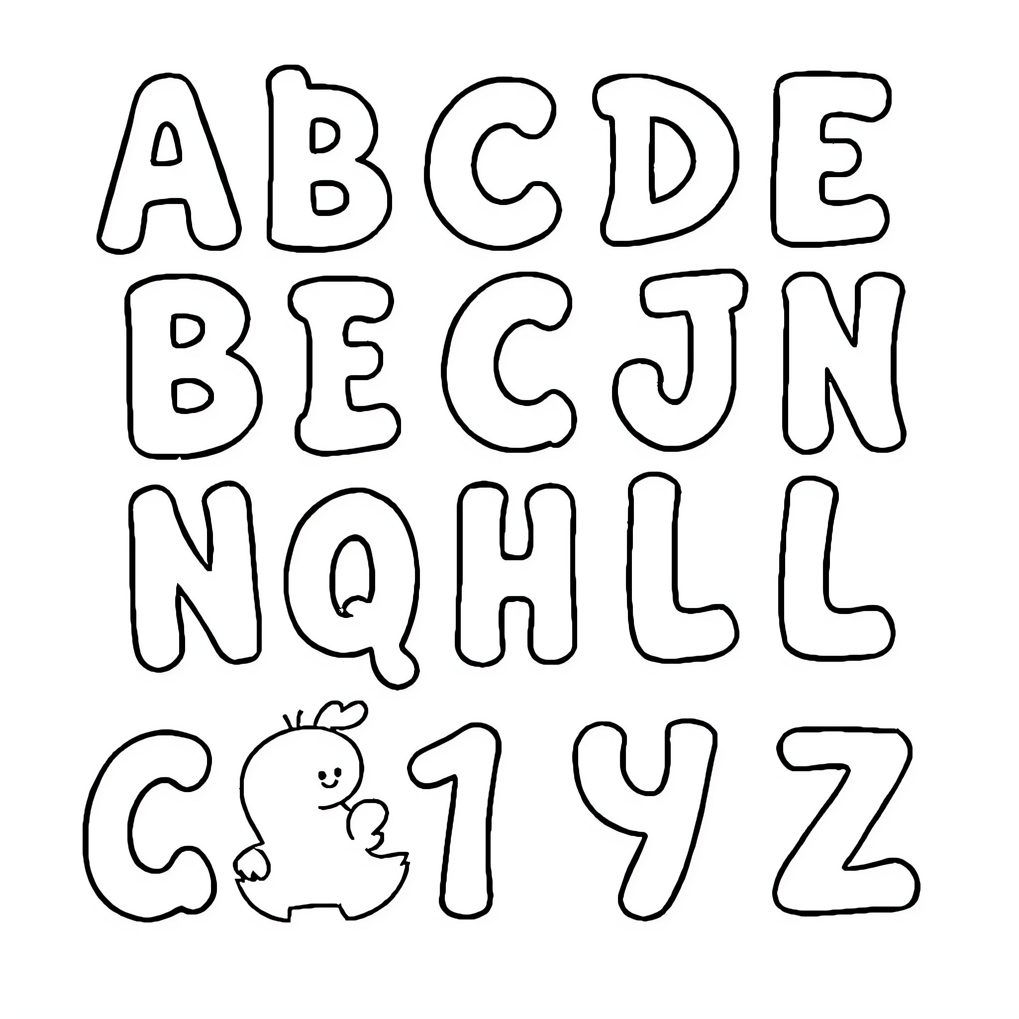 Alphabet characters with cute doodle shapes Coloring Page (free black-and-white line drawing printable PDF for all, from beginners to advanced learners, including children, teens, adults, and seniors)