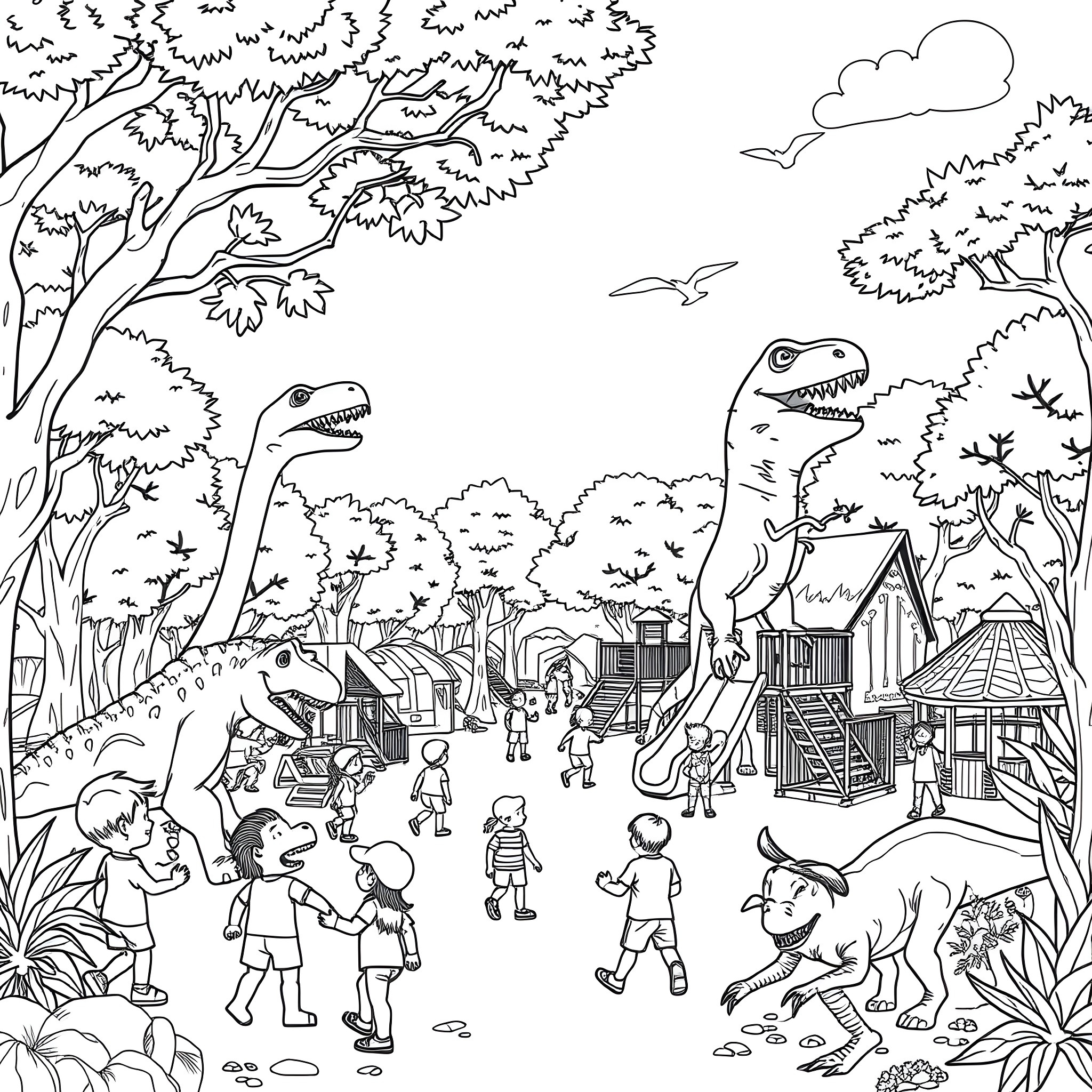 Dinosaurs roaming in a prehistoric village Coloring Page (free black-and-white line drawing printable PDF for all, from beginners to advanced learners, including children, teens, adults, and seniors)
