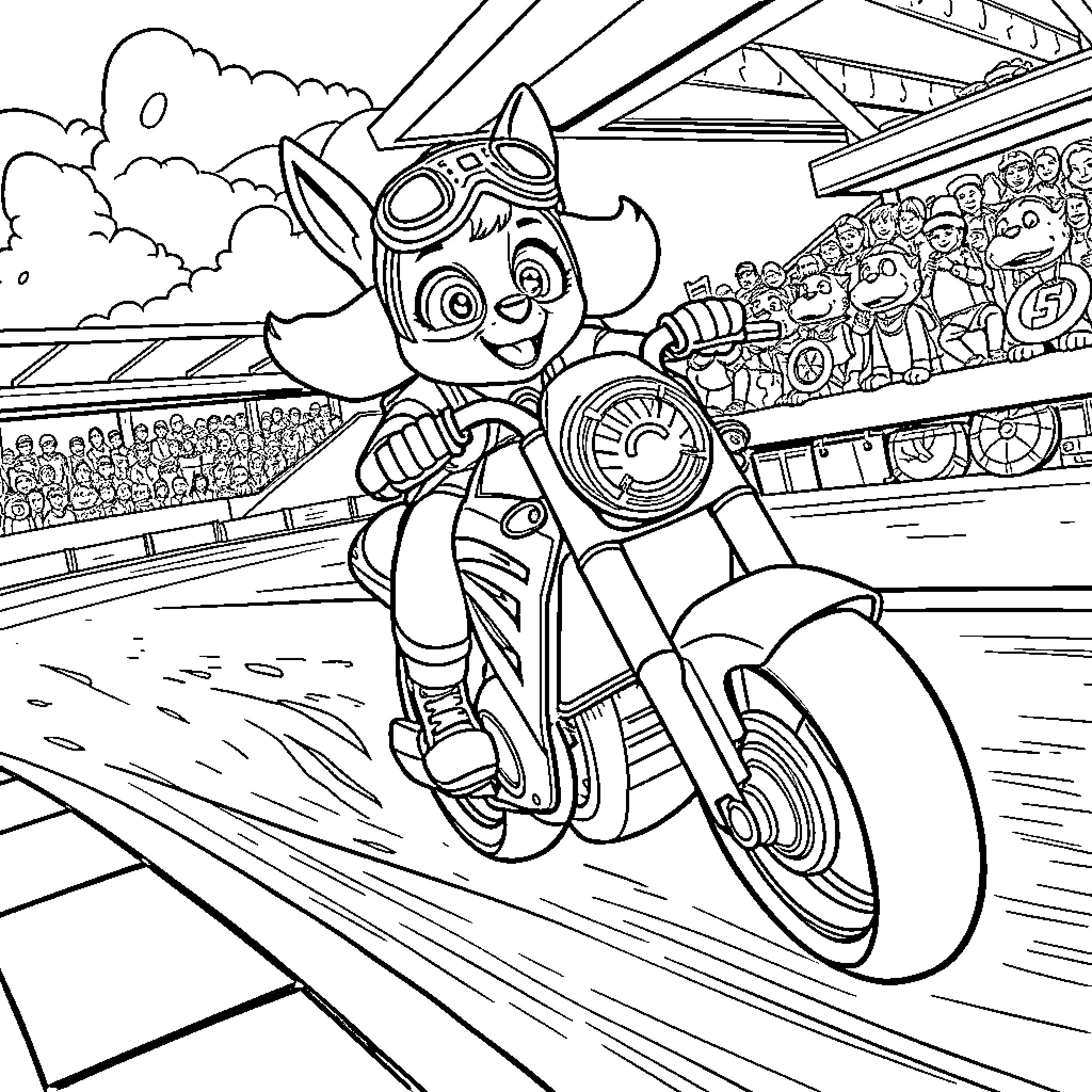 Skye riding motorcycle through the stadium Coloring Page (free black-and-white line drawing printable PDF for all, from beginners to advanced learners, including children, teens, adults, and seniors)