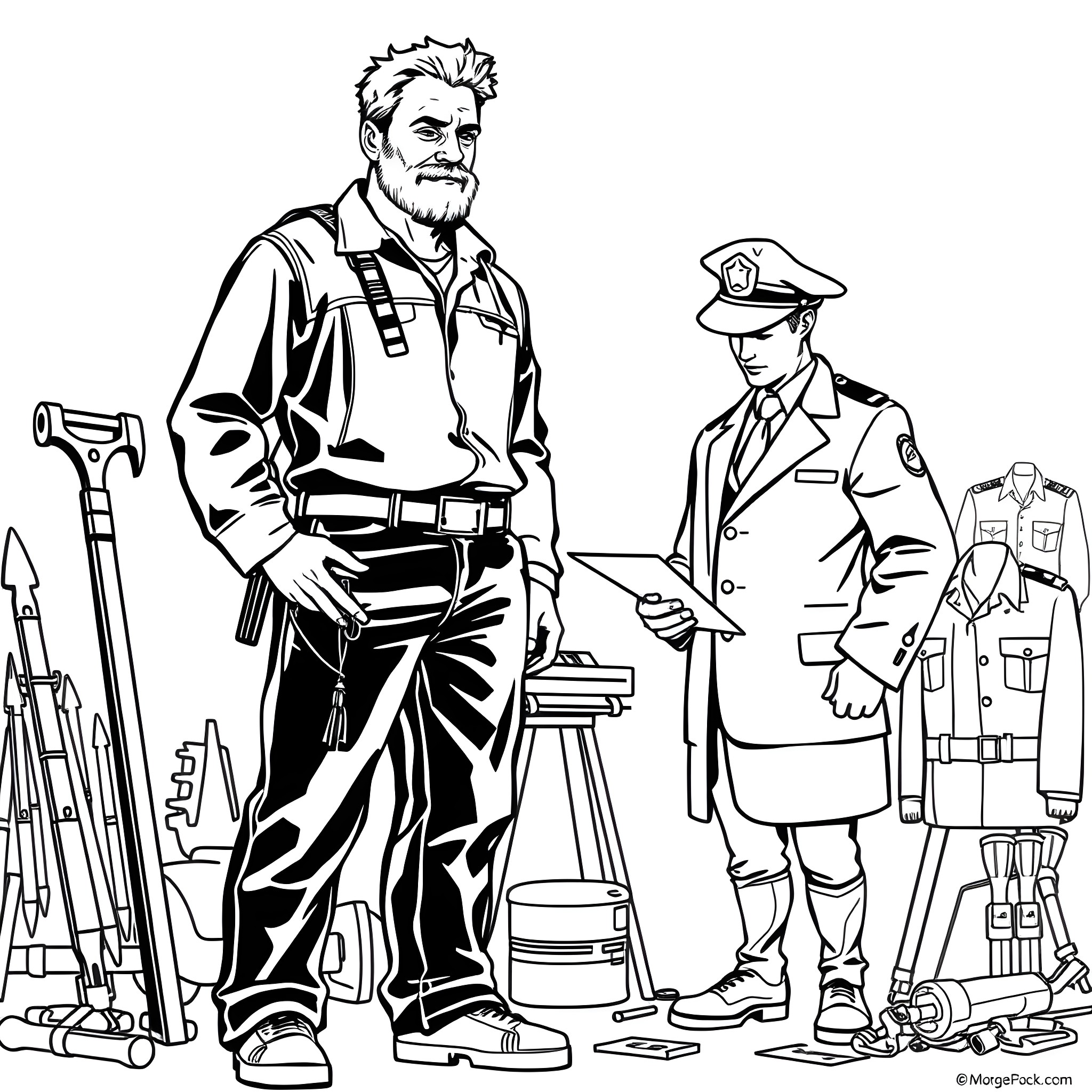 Carpenter and police officers with construction tools Coloring Page (free black-and-white line drawing printable PDF for all, from beginners to advanced learners, including children, teens, adults, and seniors)