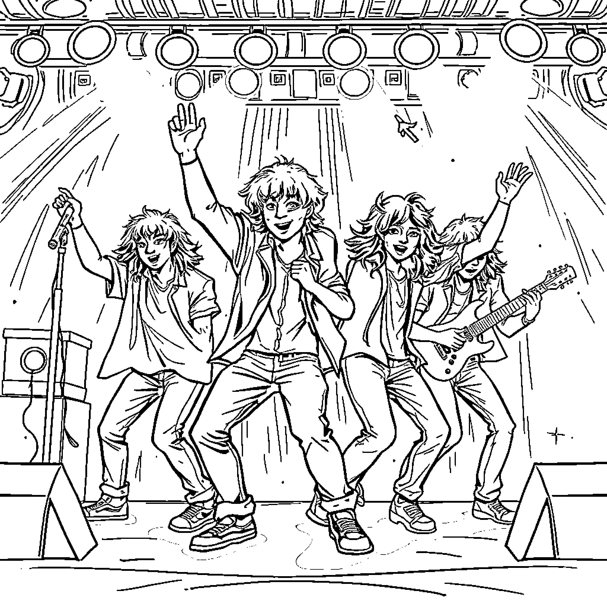 Stray Kids performing energetically on stage Coloring Page (free black-and-white line drawing printable PDF for all, from beginners to advanced learners, including children, teens, adults, and seniors)