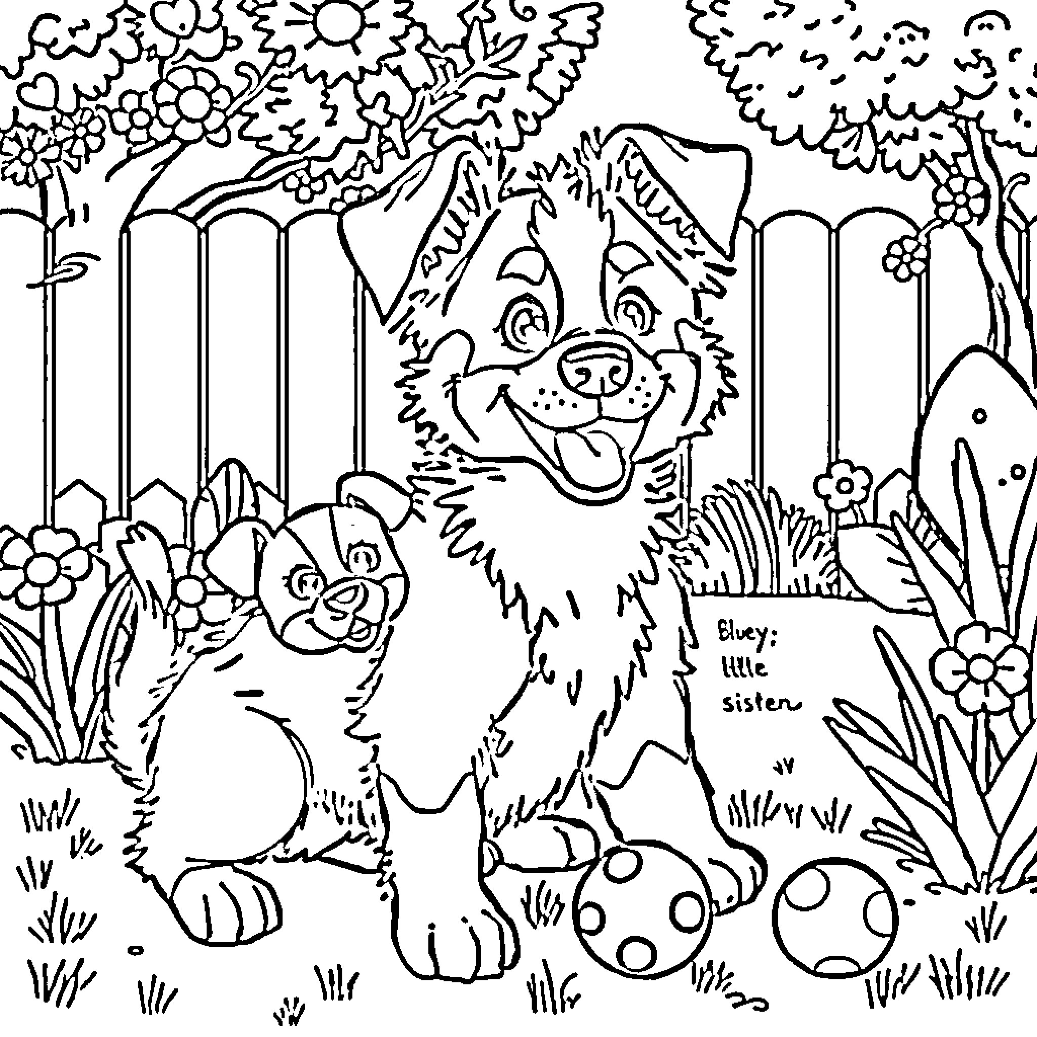 Bluey and Little Sister Explore the Enchanted Forest Coloring Page (free black-and-white line drawing printable PDF for all, from beginners to advanced learners, including children, teens, adults, and seniors)