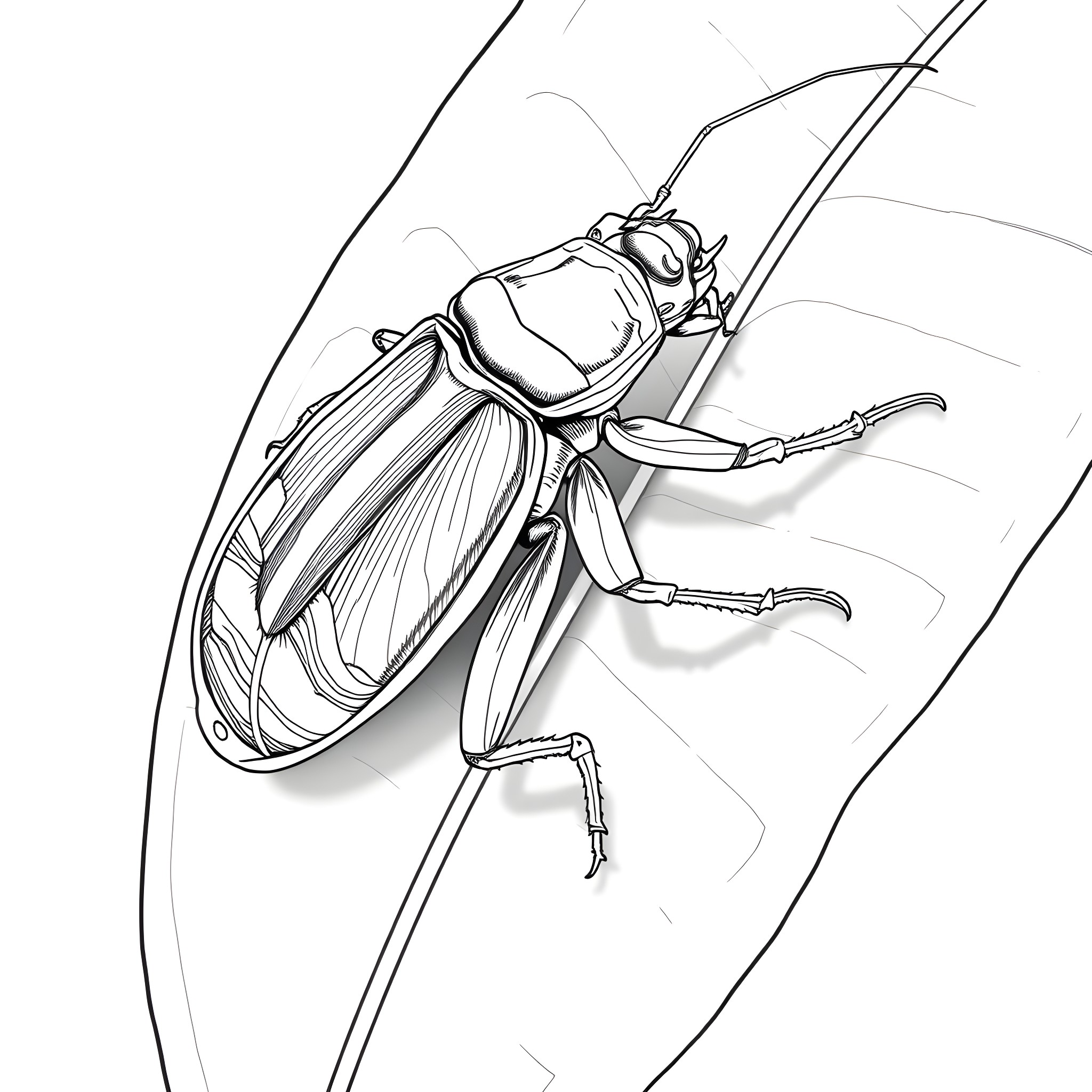 Cockroach resting on a leaf Coloring Page (free black-and-white line drawing printable PDF for all, from beginners to advanced learners, including children, teens, adults, and seniors)