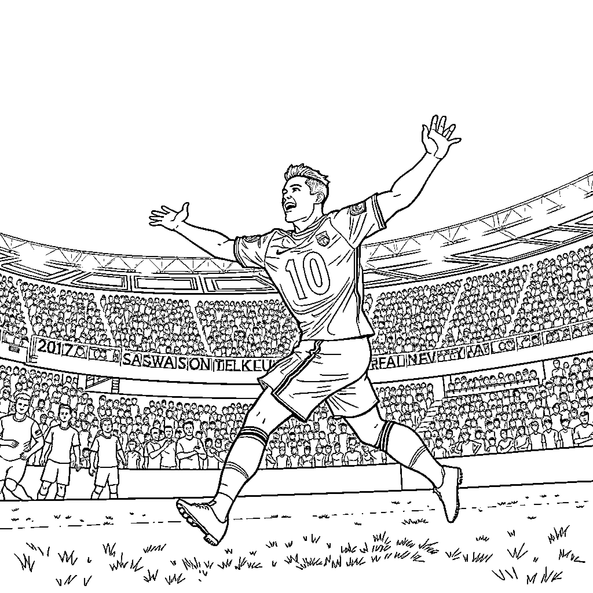 Ronaldo celebrating victory in soccer stadium Coloring Page (free black-and-white line drawing printable PDF for all, from beginners to advanced learners, including children, teens, adults, and seniors)