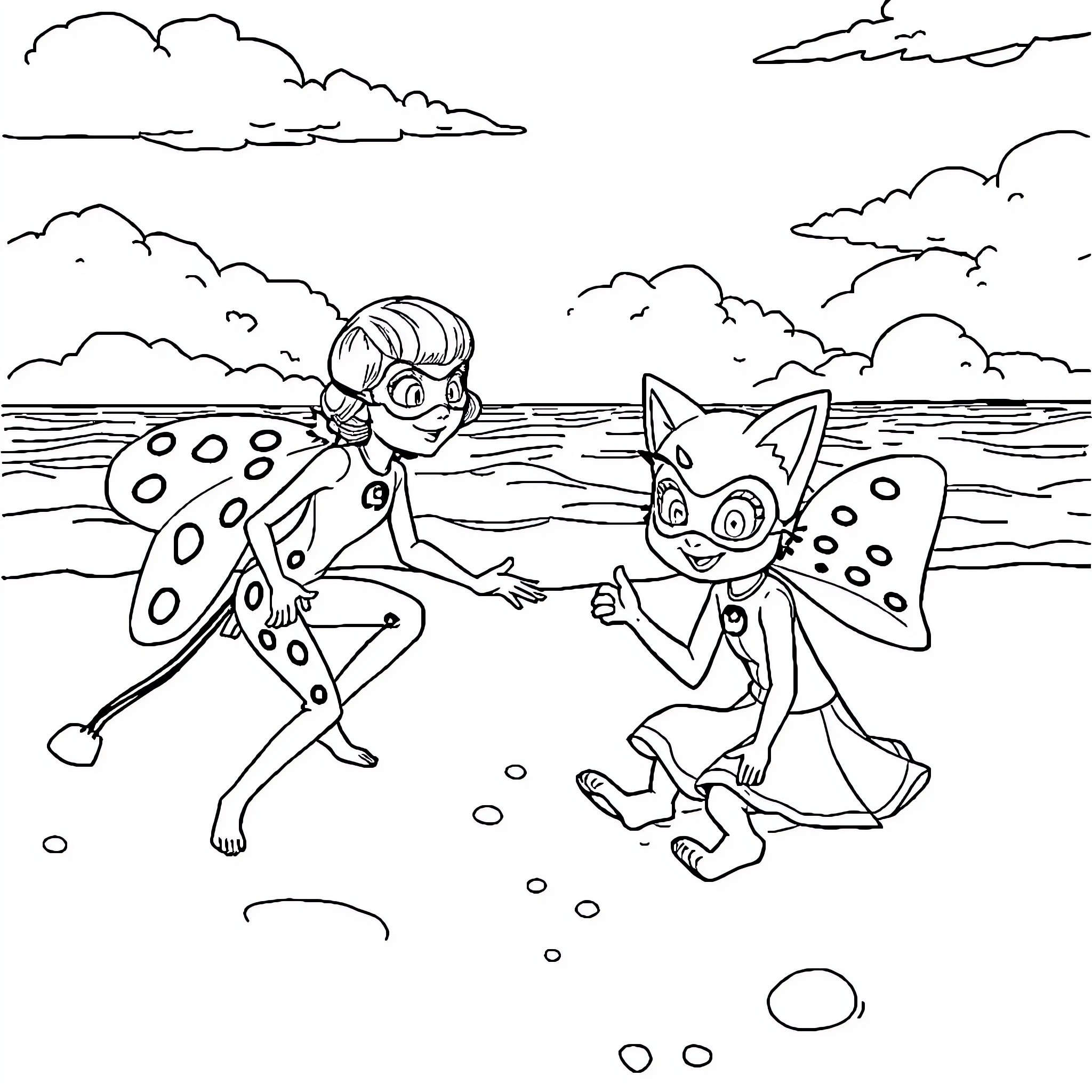 Ladybug and cat-like creature playing on the beach Coloring Page (free black-and-white line drawing printable PDF for all, from beginners to advanced learners, including children, teens, adults, and seniors)