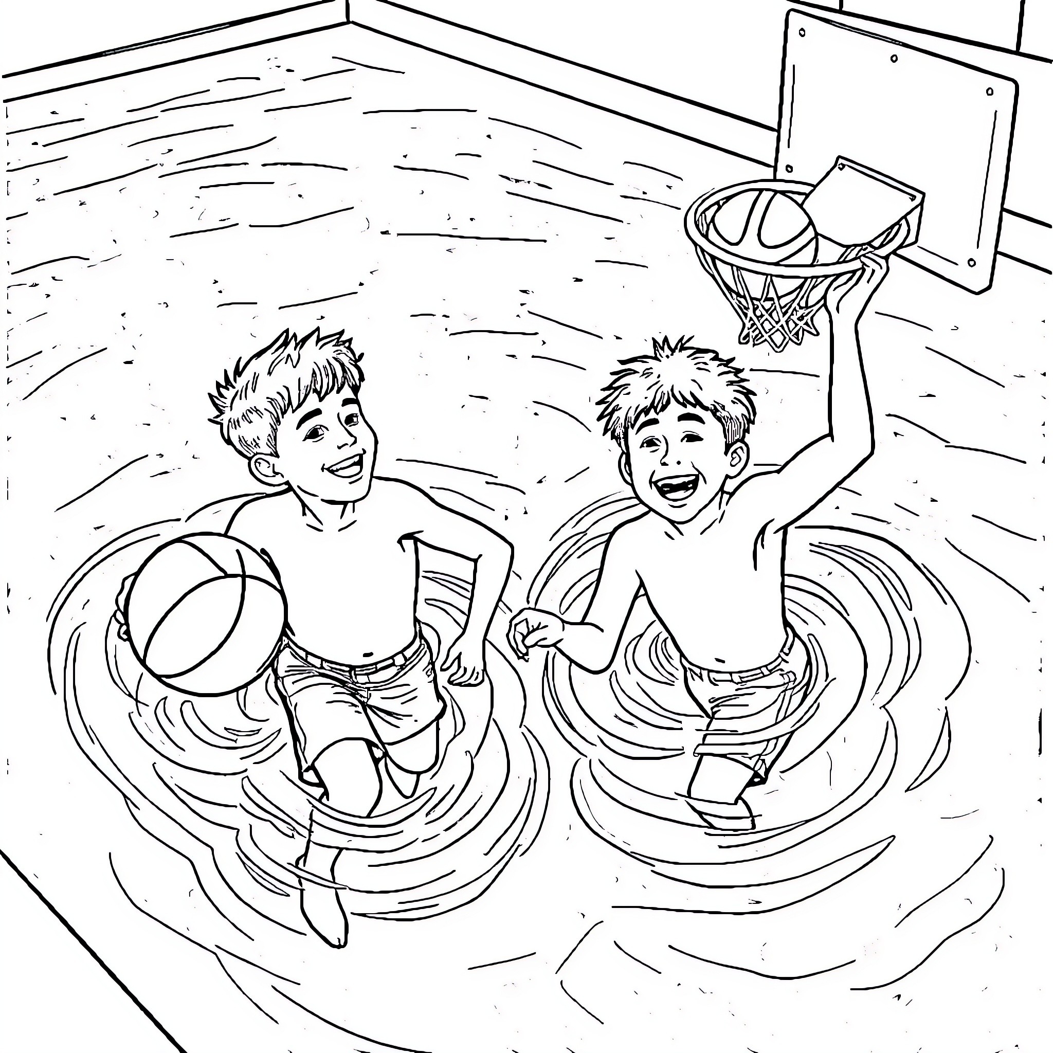 Boys playing joyfully in the swimming pool Coloring Page (free black-and-white line drawing printable PDF for all, from beginners to advanced learners, including children, teens, adults, and seniors)