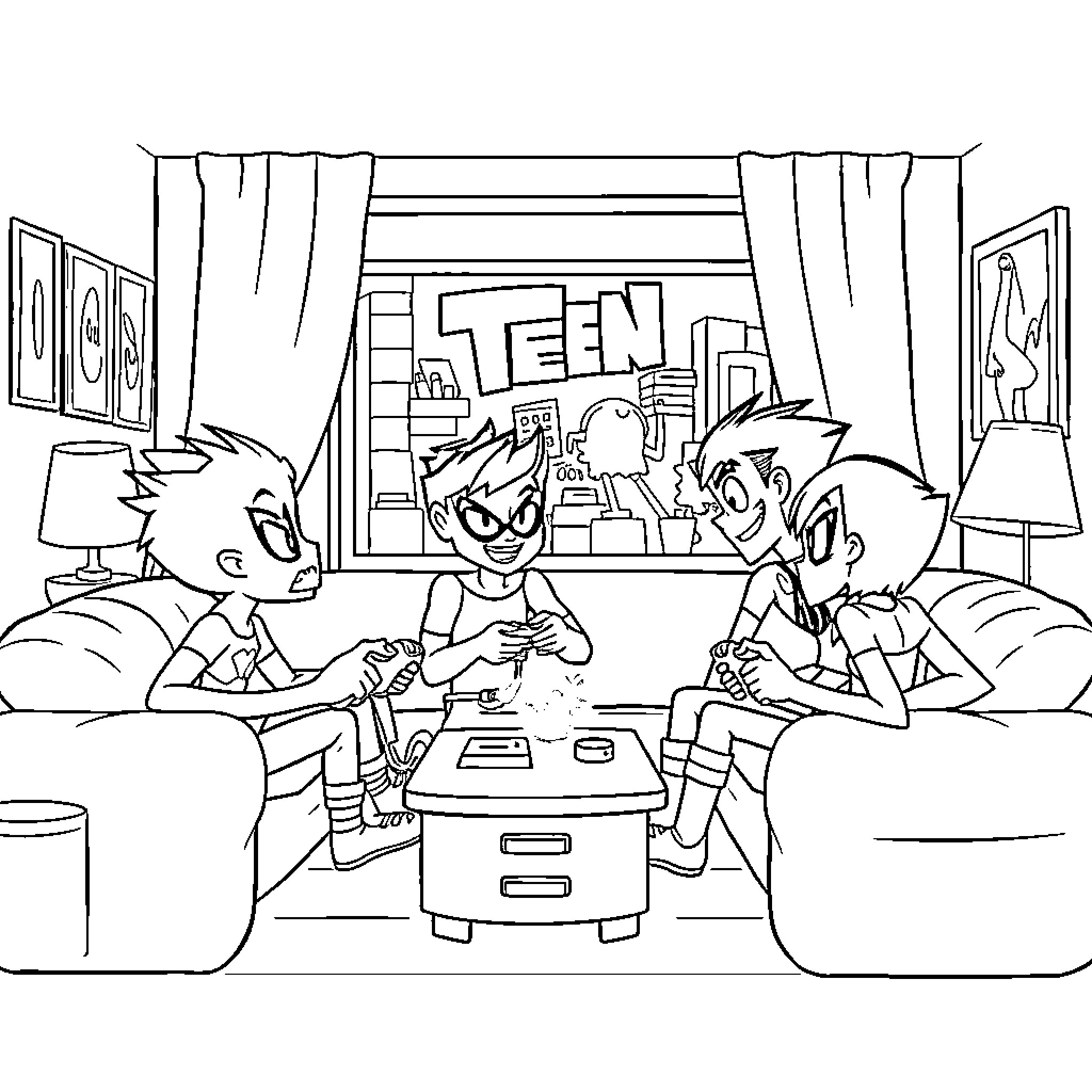 Teen Titans Enjoying Video Game Together Coloring Page (free black-and-white line drawing printable PDF for all, from beginners to advanced learners, including children, teens, adults, and seniors)