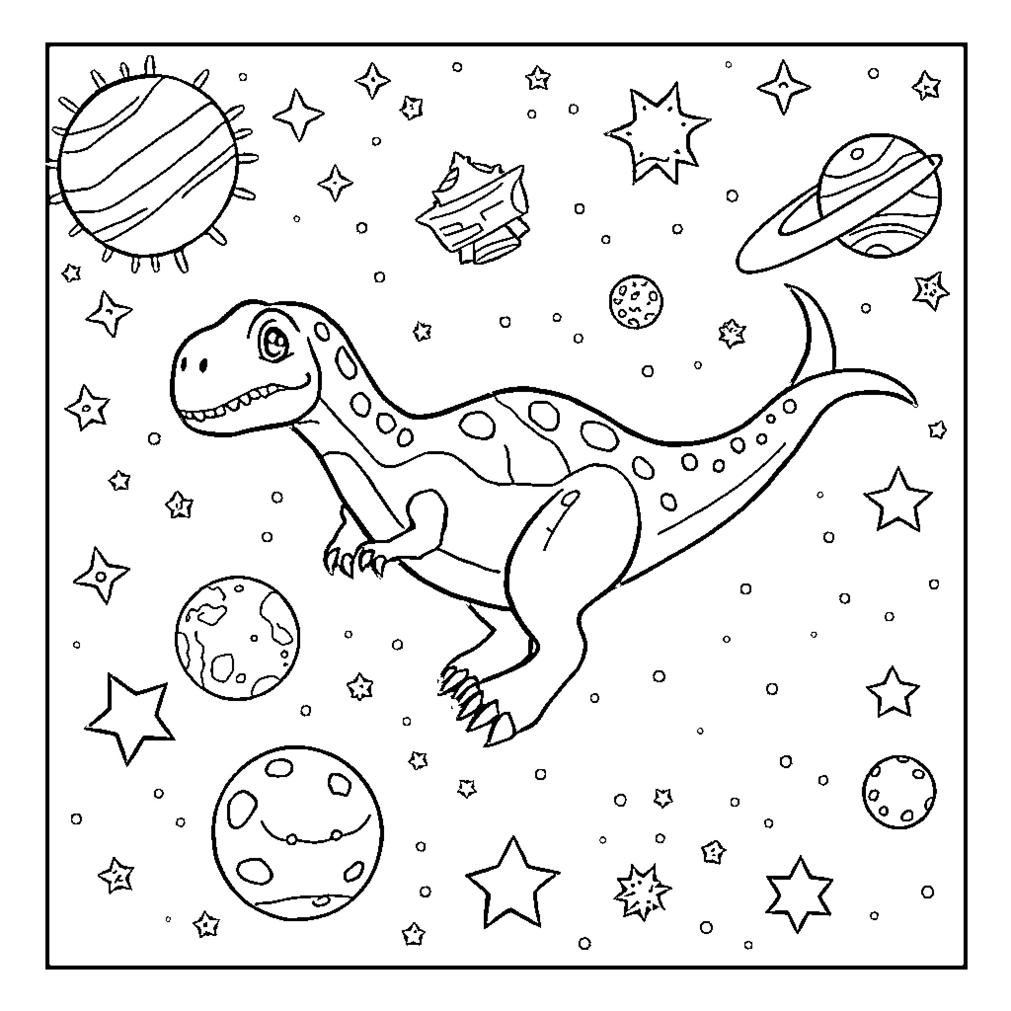 Dinosaur playing in a cosmic scene Coloring Page (free black-and-white line drawing printable PDF for all, from beginners to advanced learners, including children, teens, adults, and seniors)