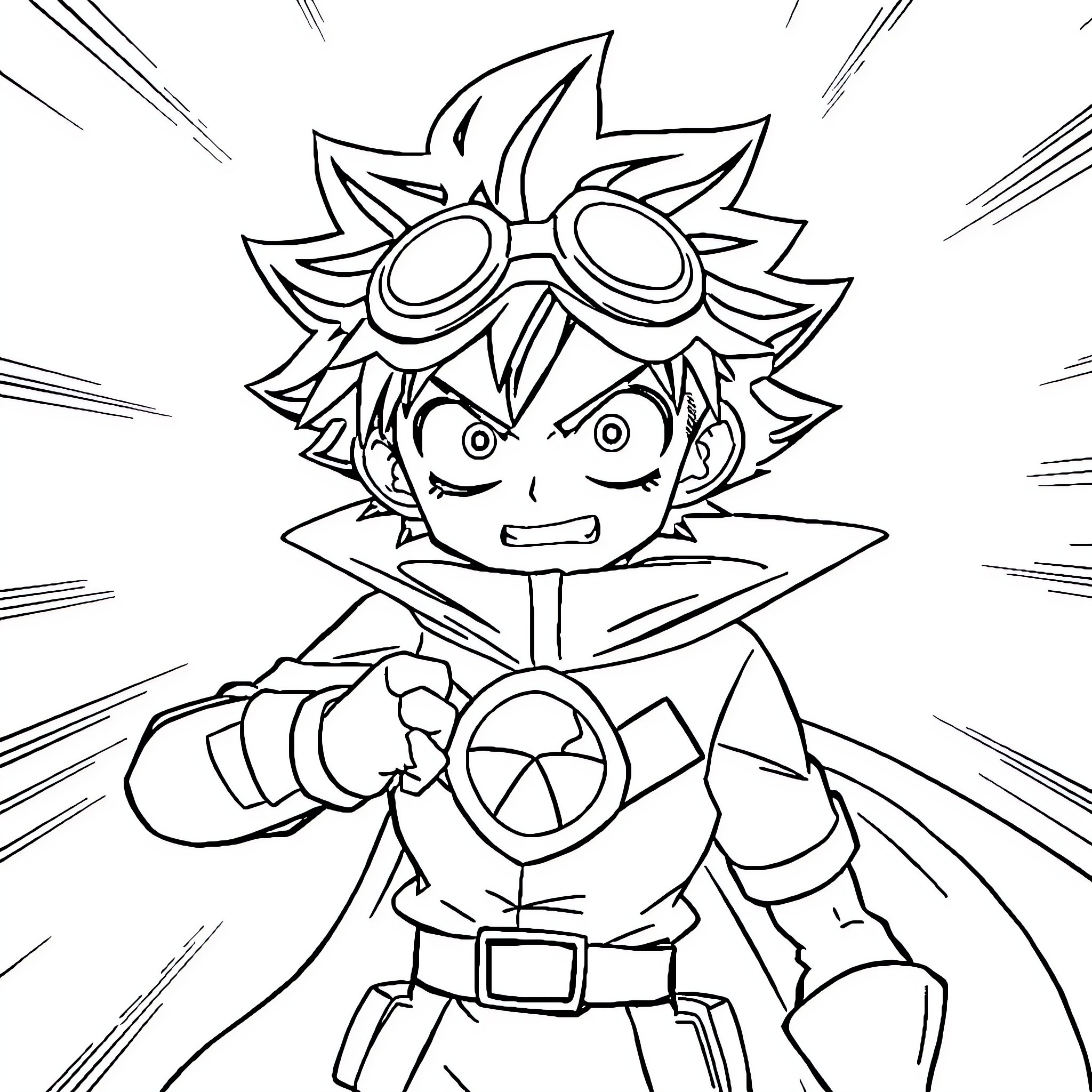 Izuku Midoriya in a heroic pose with determination Coloring Page (free black-and-white line drawing printable PDF for all, from beginners to advanced learners, including children, teens, adults, and seniors)